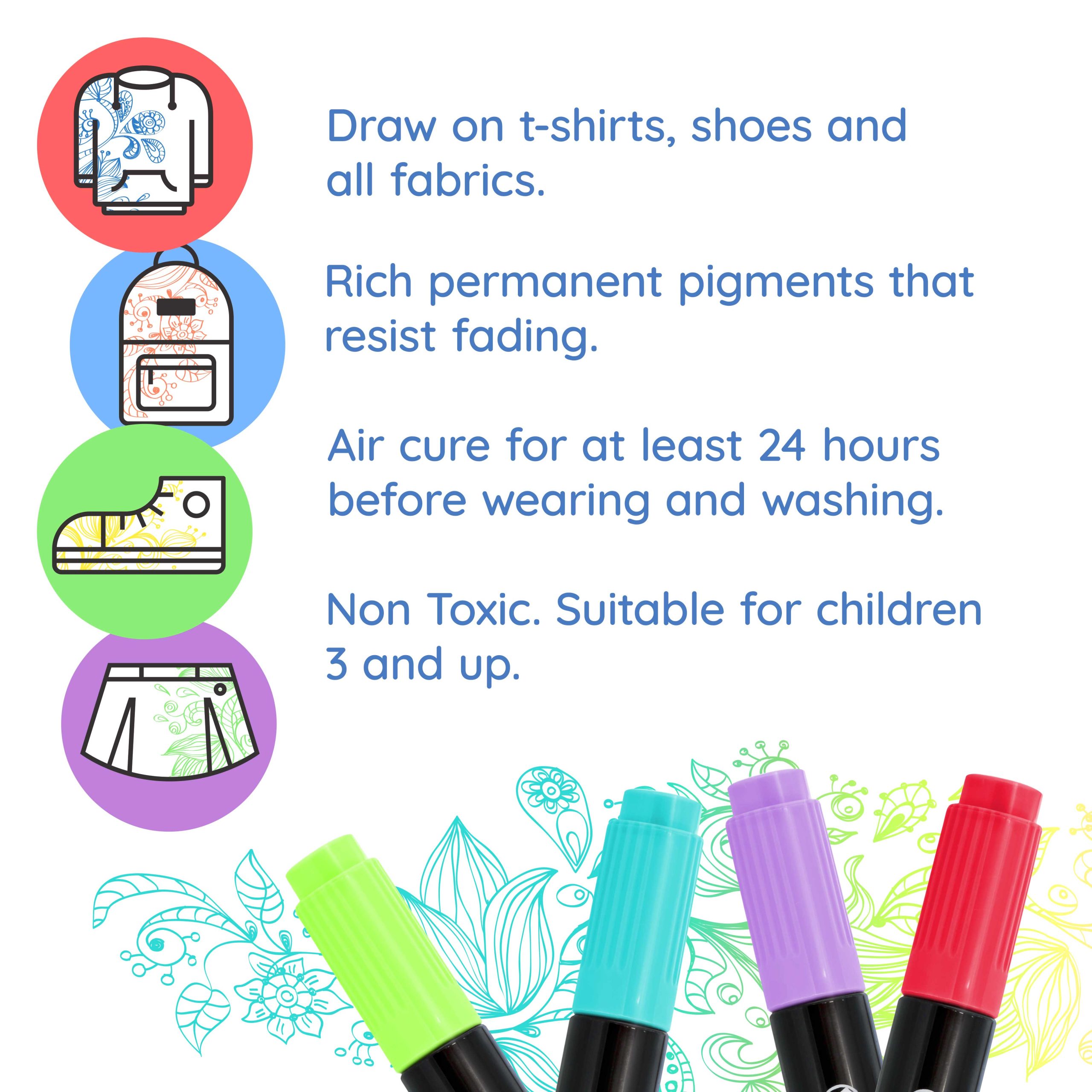 Super Markers 60 Primary. Pastel & Neon Dual Tip Fabric Markers - Fine & Chisel Point Pens Fabric Marker Permanent for Clothes. T-Shirts - Permanent Ink Eye-Catching Colors - Image 5