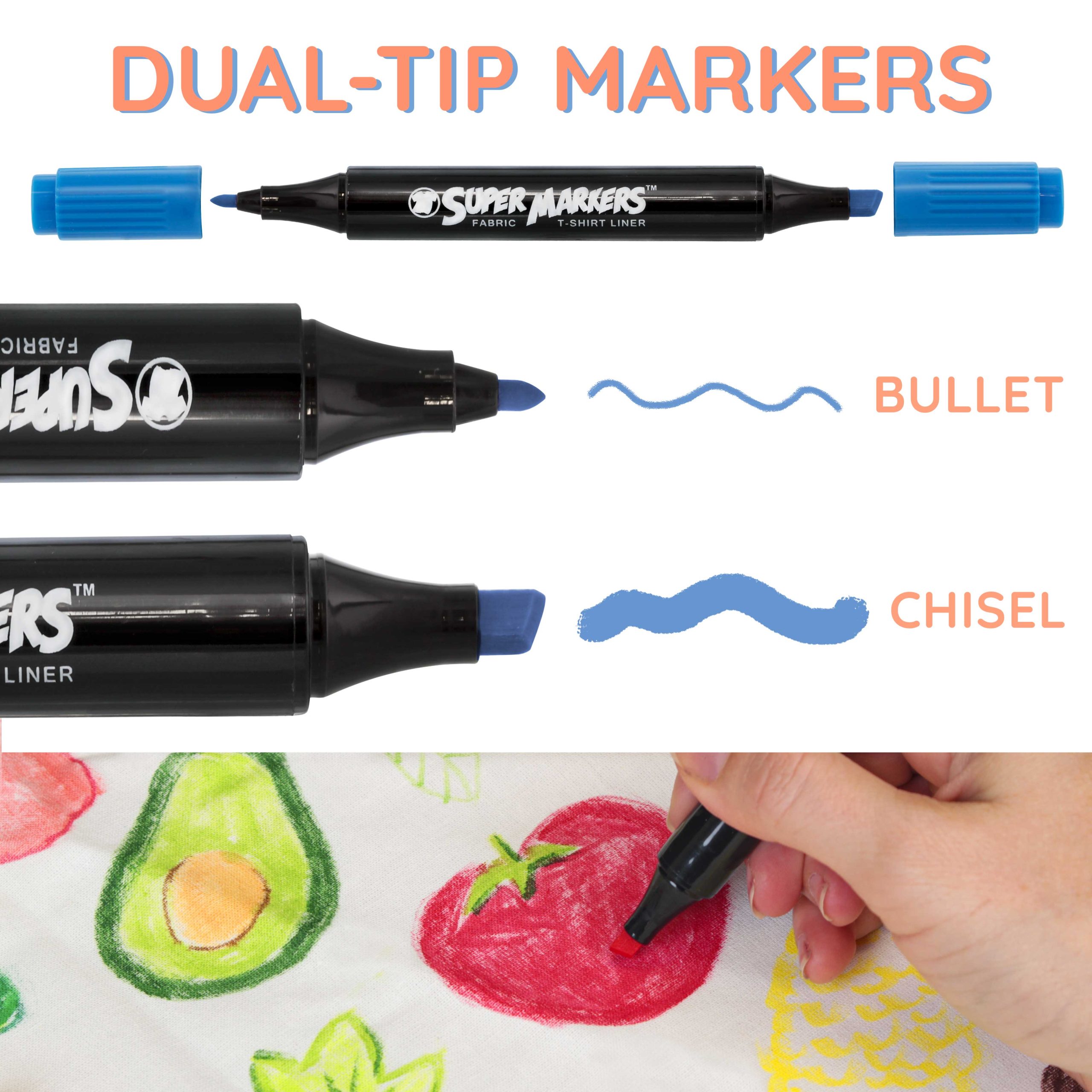 Super Markers 60 Primary. Pastel & Neon Dual Tip Fabric Markers - Fine & Chisel Point Pens Fabric Marker Permanent for Clothes. T-Shirts - Permanent Ink Eye-Catching Colors - Image 6