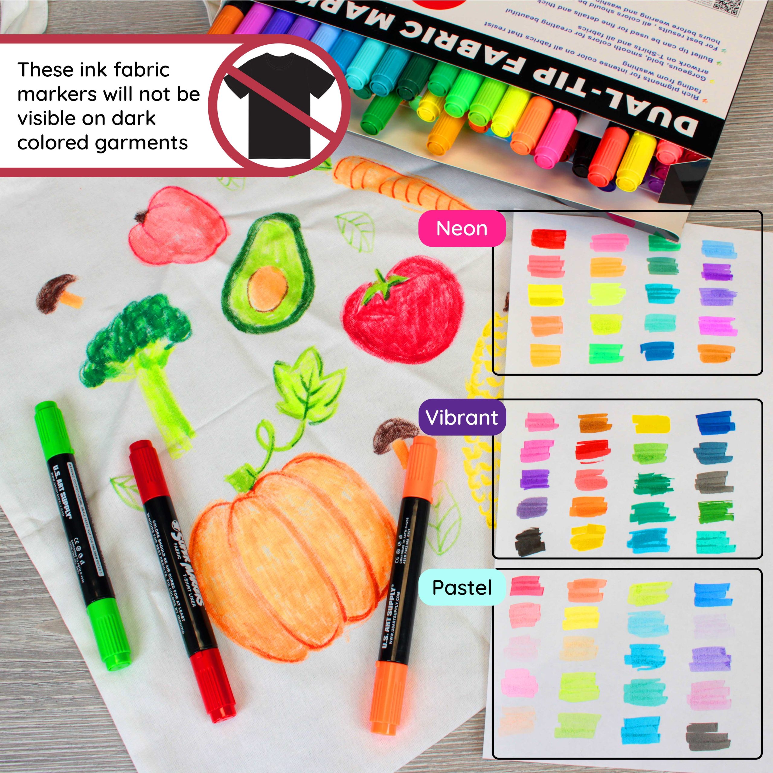 Super Markers 60 Primary. Pastel & Neon Dual Tip Fabric Markers - Fine & Chisel Point Pens Fabric Marker Permanent for Clothes. T-Shirts - Permanent Ink Eye-Catching Colors - Image 7