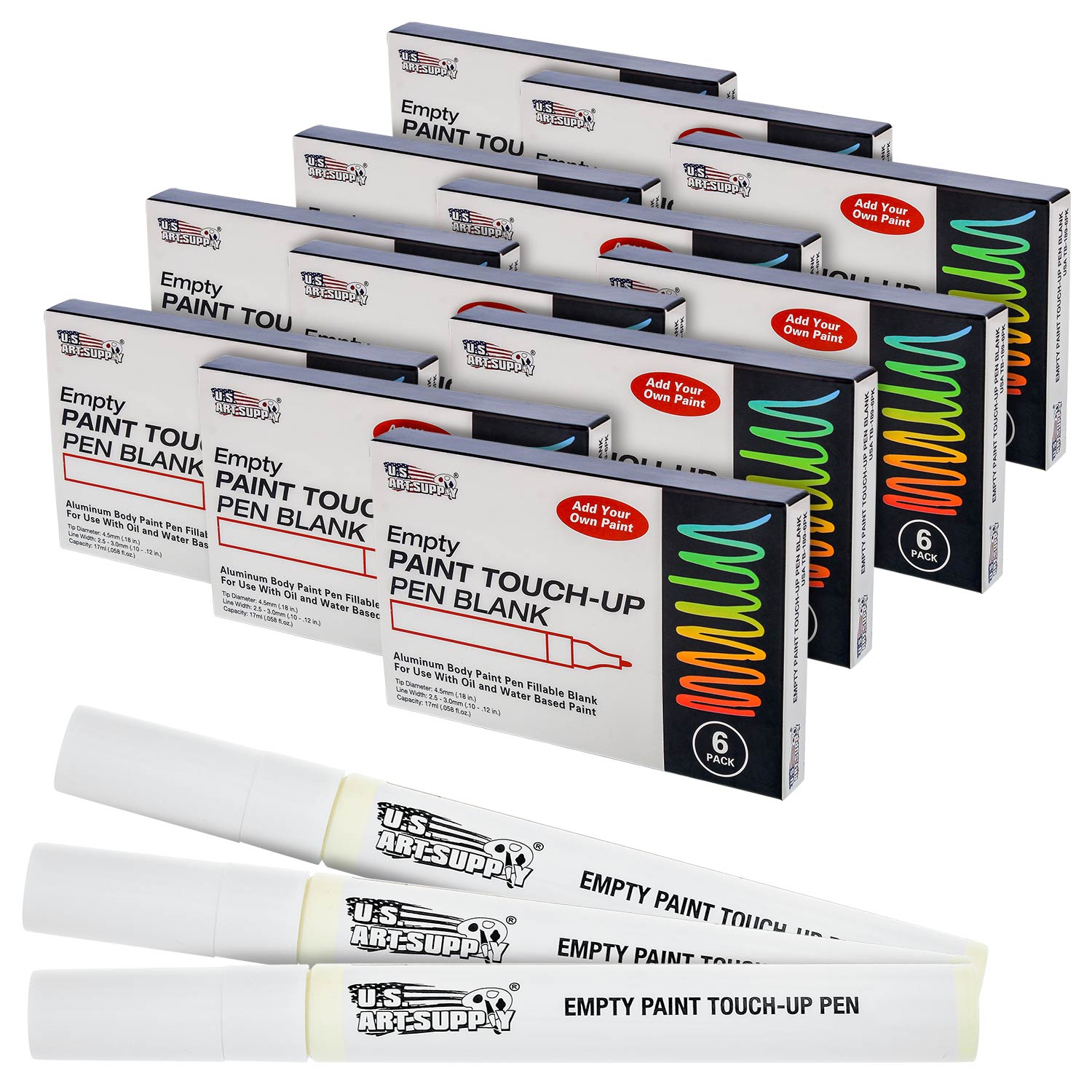 Empty Fillable Blank Paint Touch Up Pen Markers (Set of 72) - Fill with Your Own Art Acrylic. Oil and Water Base Paint. Auto Painting Clear-Coat