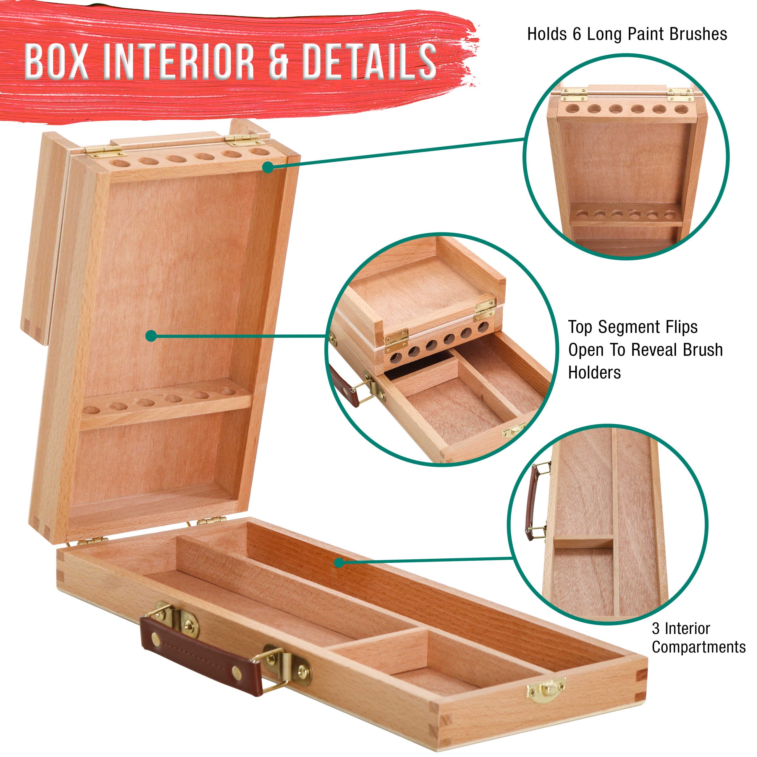 Multi-Function Unfinished Beechwood Flip Opening Artist Tool & Brush Storage Box with Locking Clasps - Organize. Protect & Transport Pencils. Erasers. Tools & Supplies - Image 4