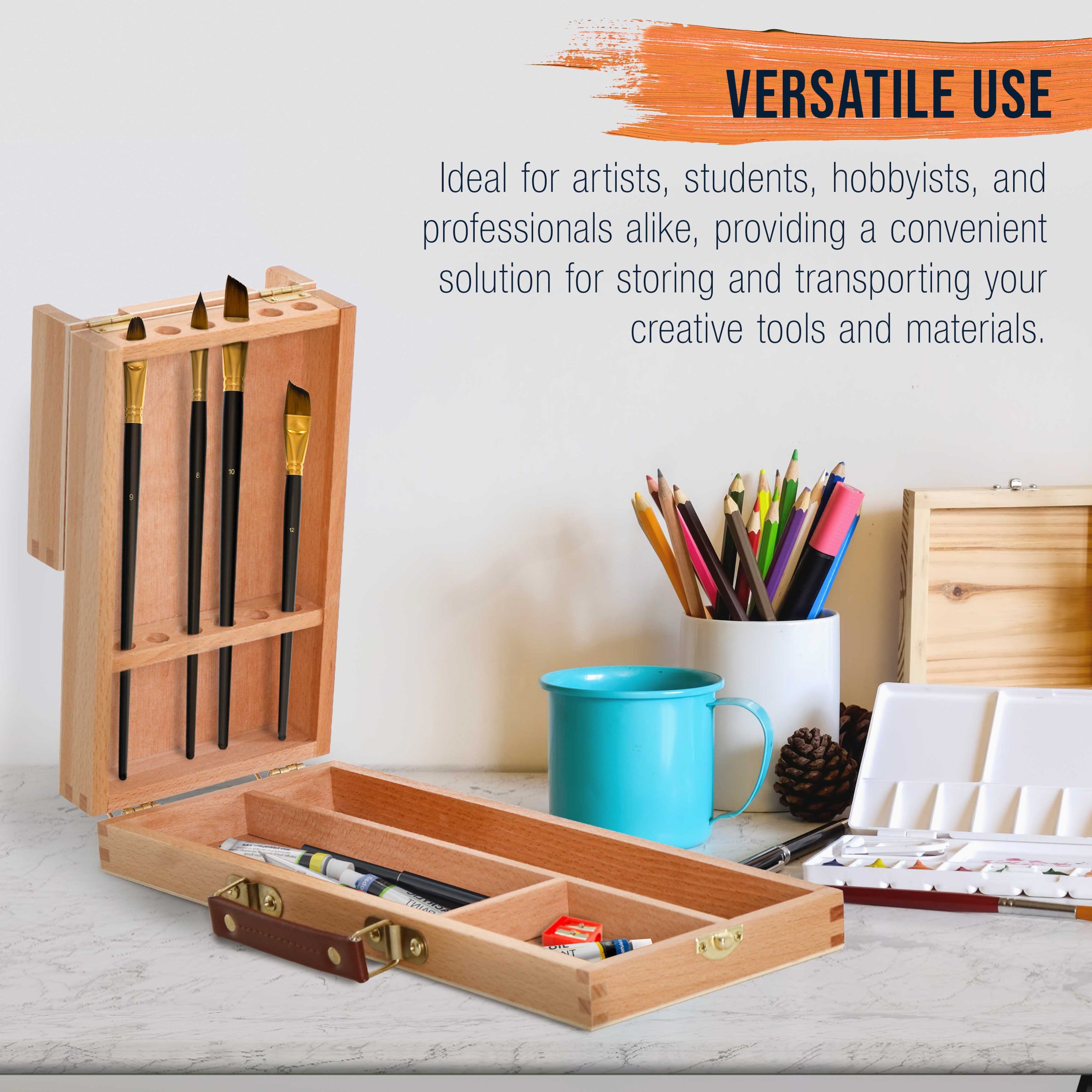 Multi-Function Unfinished Beechwood Flip Opening Artist Tool & Brush Storage Box with Locking Clasps - Organize. Protect & Transport Pencils. Erasers. Tools & Supplies - Image 5
