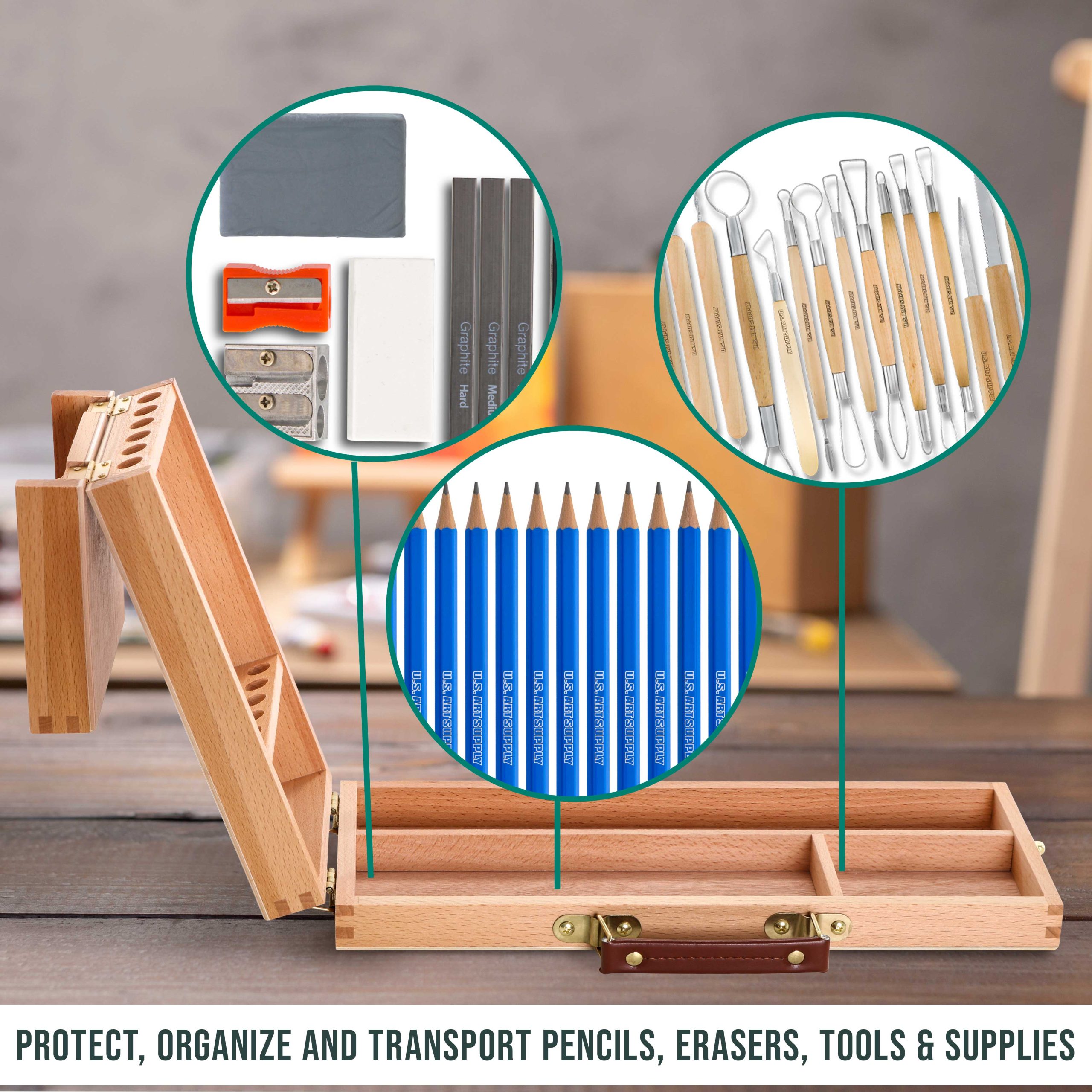 Multi-Function Unfinished Beechwood Flip Opening Artist Tool & Brush Storage Box with Locking Clasps - Organize. Protect & Transport Pencils. Erasers. Tools & Supplies - Image 6