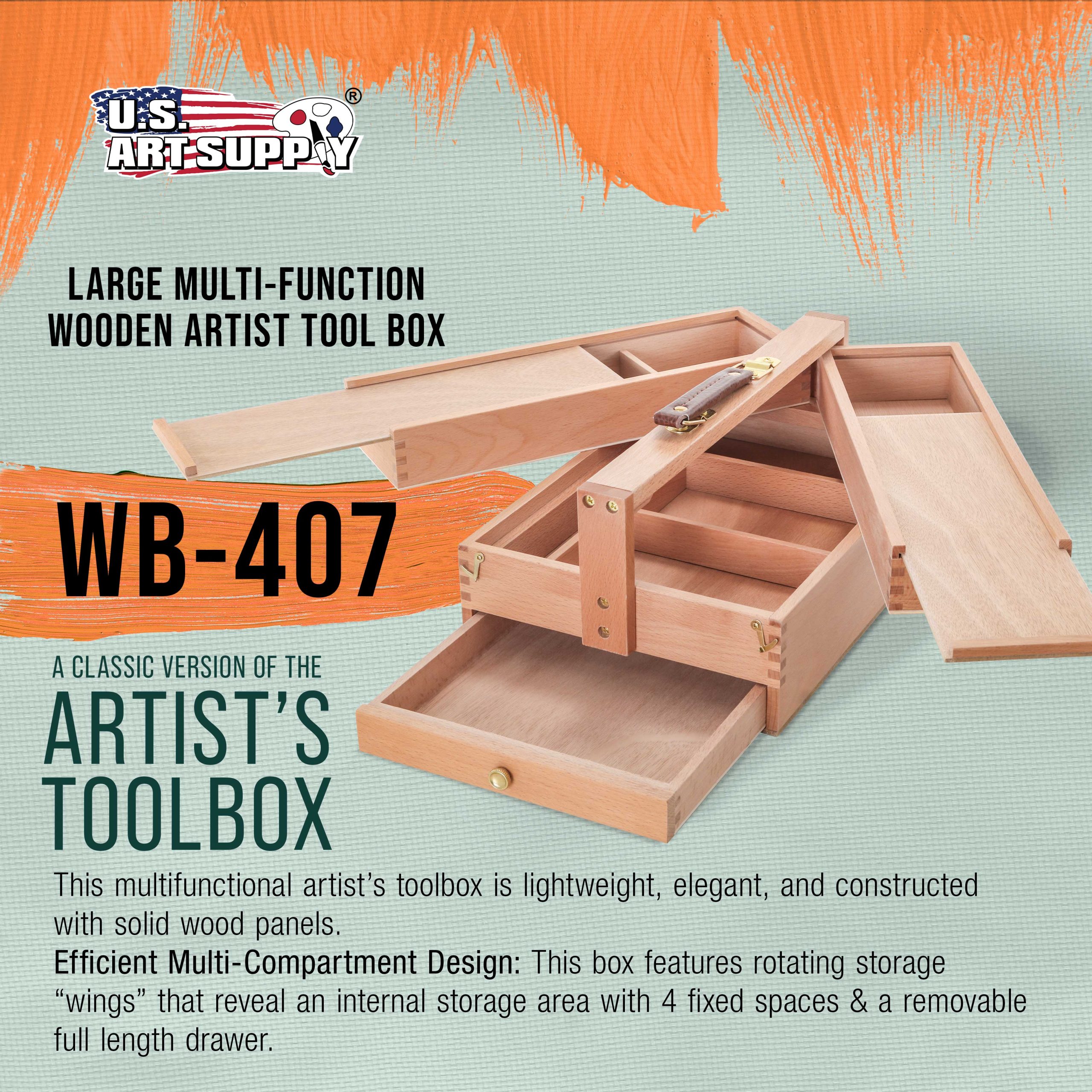 Multi-Function Unfinished Beechwood Artist Tool Storage Box with Drawer & Locking Clasps - Protect and Organize and Transport Paints. Pastels. Pencils. Brushes Tools & Supplies - Image 2