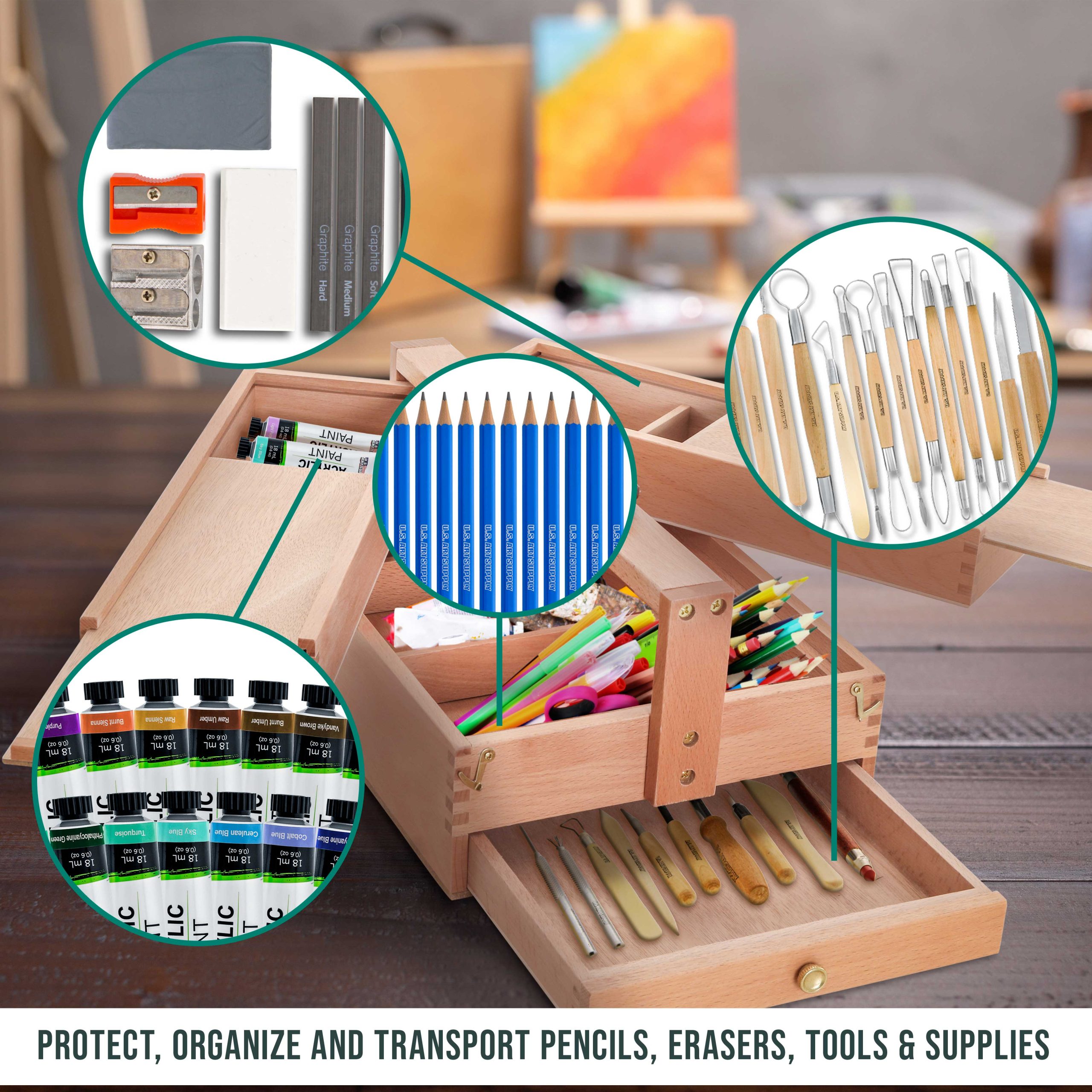 Multi-Function Unfinished Beechwood Artist Tool Storage Box with Drawer & Locking Clasps - Protect and Organize and Transport Paints. Pastels. Pencils. Brushes Tools & Supplies - Image 6