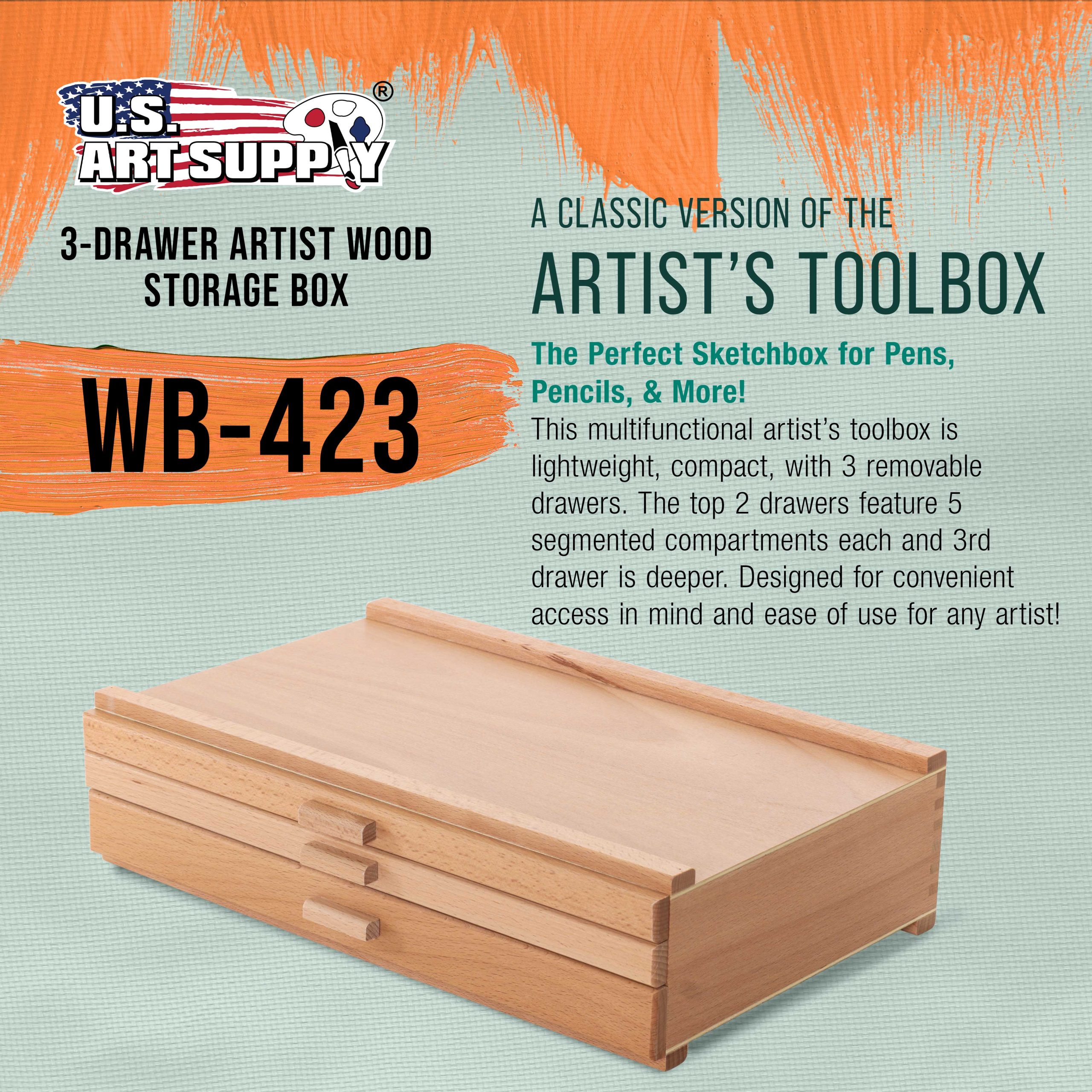 3-Drawer Artist Tool Supply Box with Multi Segmented Drawers - Hardwood Art Box for Artist Supplies. Brushes. Pencils. Erasers. Tool Storage Organizer Case - Image 2