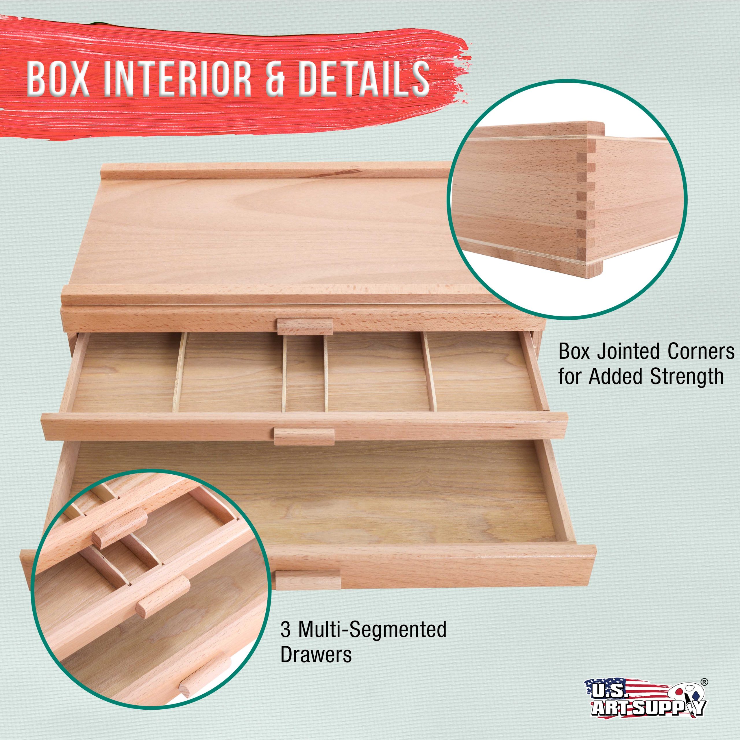 3-Drawer Artist Tool Supply Box with Multi Segmented Drawers - Hardwood Art Box for Artist Supplies. Brushes. Pencils. Erasers. Tool Storage Organizer Case - Image 4