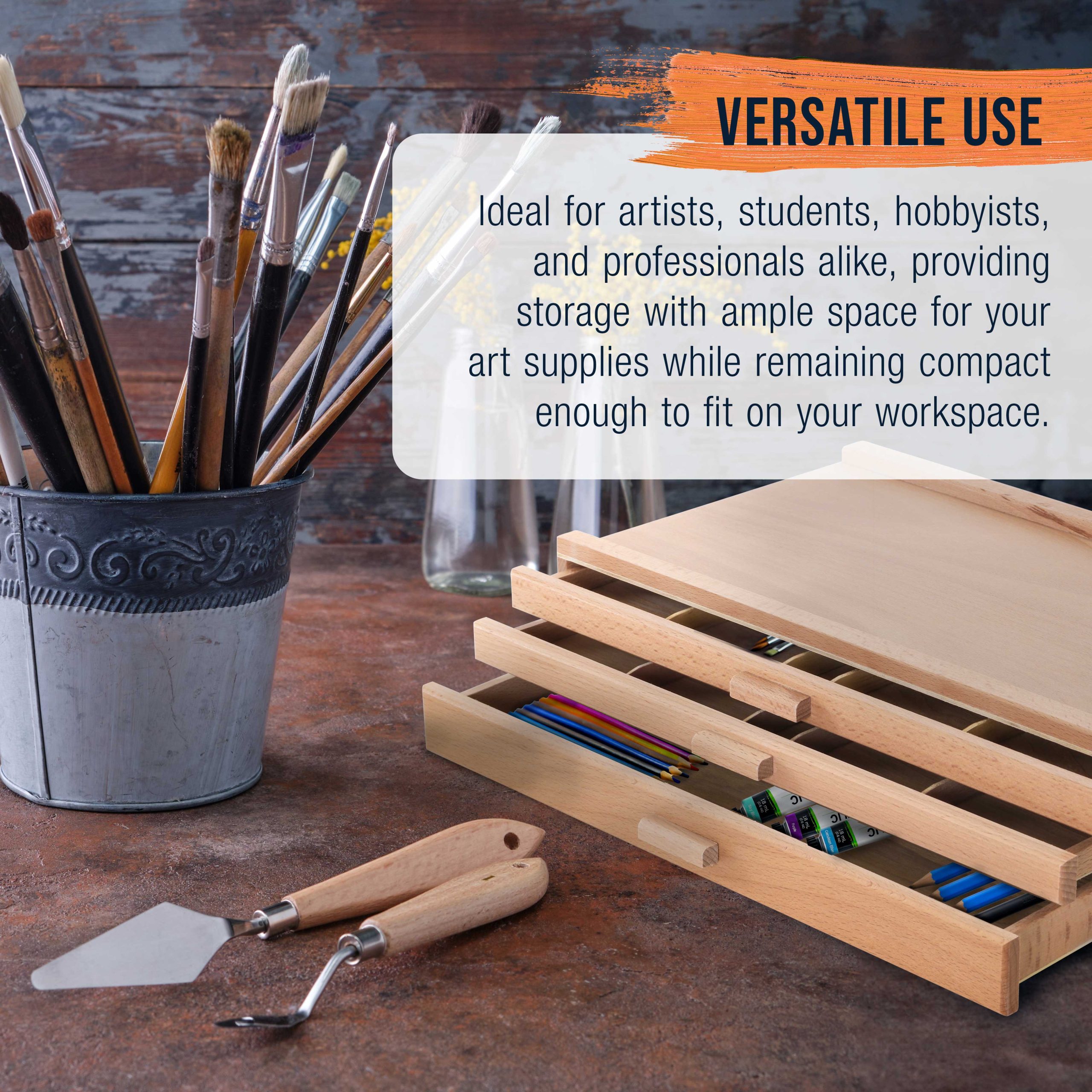 3-Drawer Artist Tool Supply Box with Multi Segmented Drawers - Hardwood Art Box for Artist Supplies. Brushes. Pencils. Erasers. Tool Storage Organizer Case - Image 5