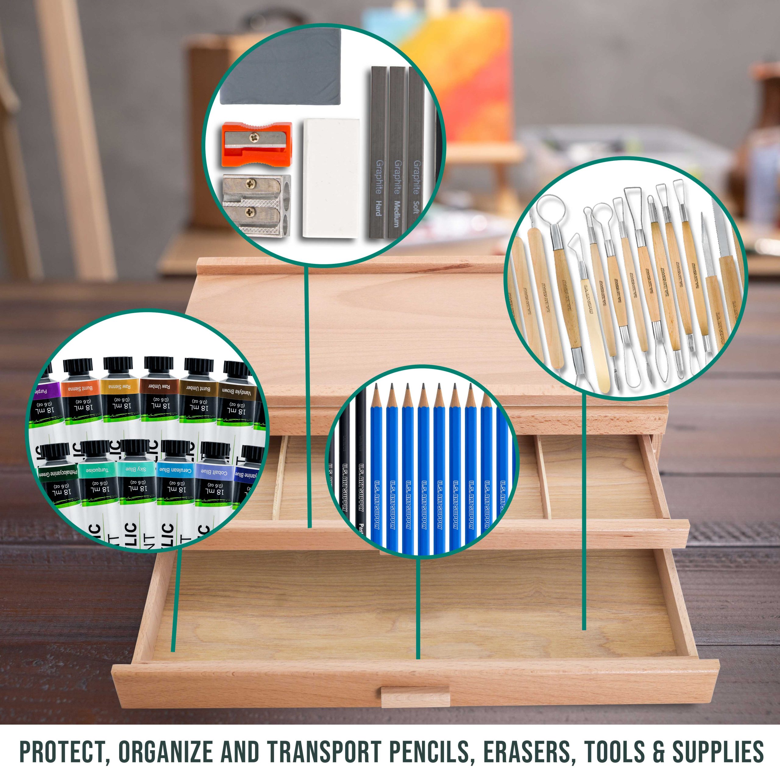 3-Drawer Artist Tool Supply Box with Multi Segmented Drawers - Hardwood Art Box for Artist Supplies. Brushes. Pencils. Erasers. Tool Storage Organizer Case - Image 6