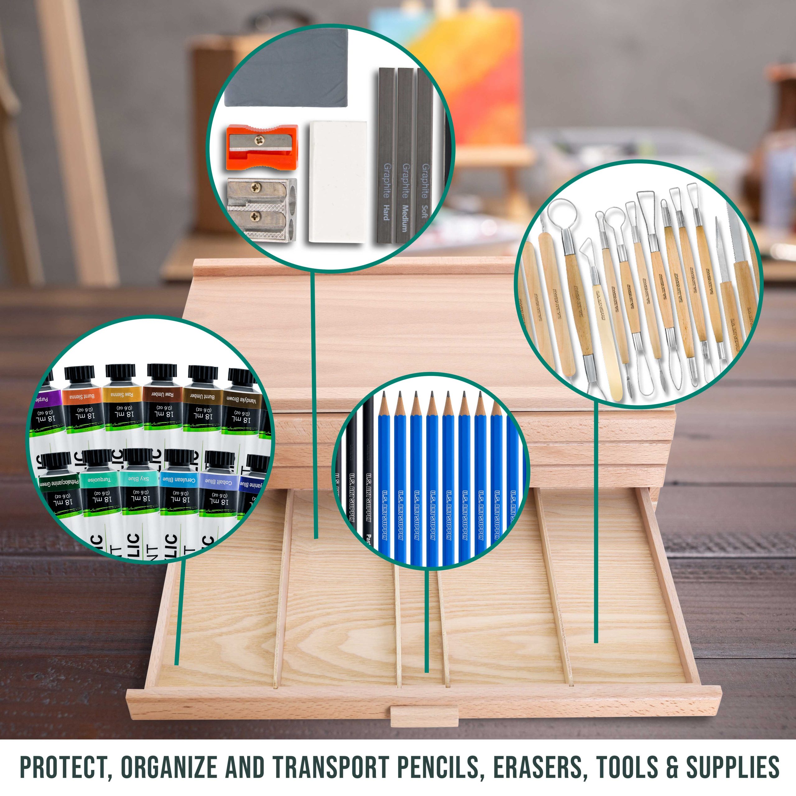 4-Drawer Artist Tool Supply Box with 5 Compartments per Drawer - Hardwood Art Box for Artist Supplies. Brushes. Pencils. Erasers. Tool Storage Organizer Case - Image 6