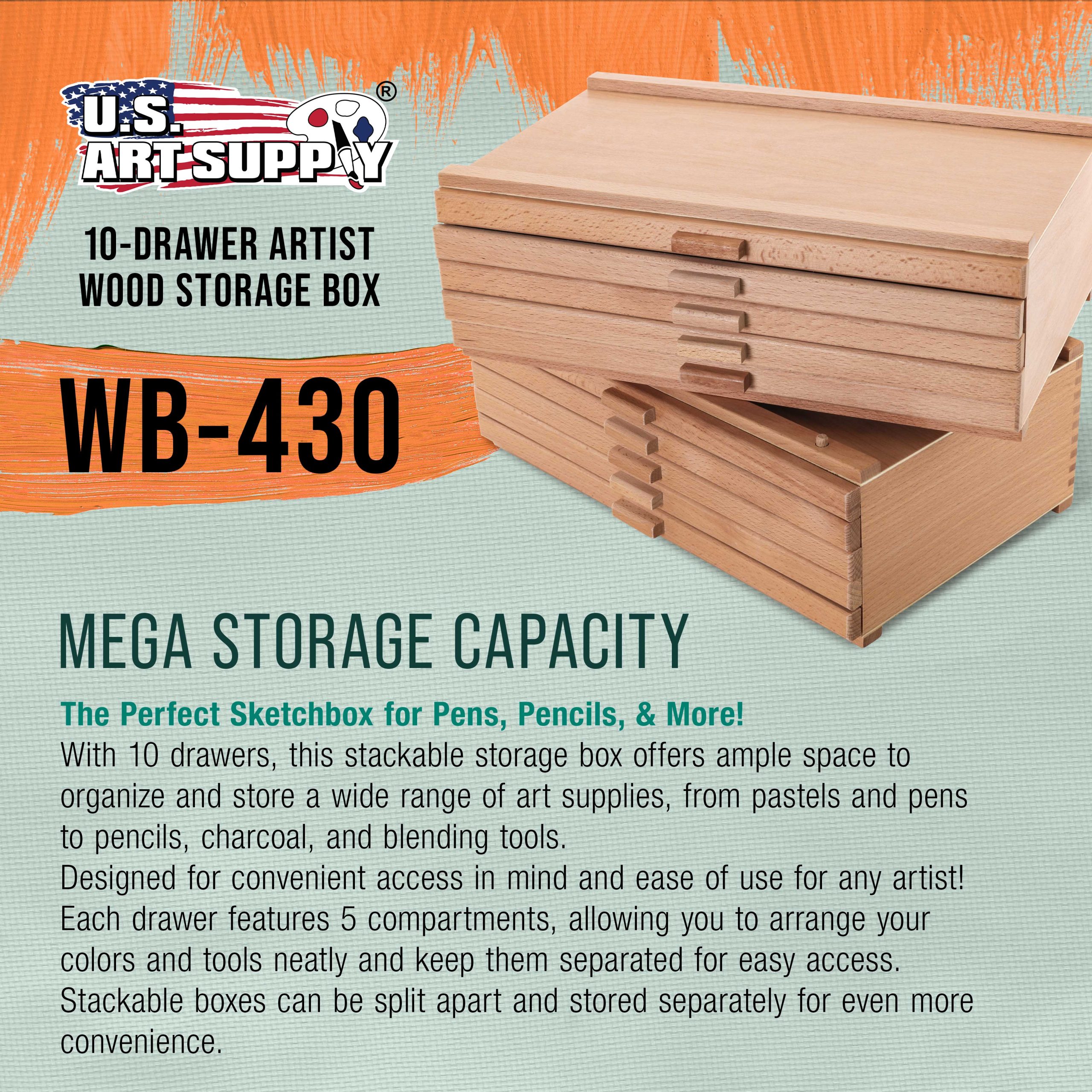 10-Drawer Artist Tool Supply Box with 5 Compartments per Drawer - Hardwood Art Box for Artist Supplies. Brushes. Pencils. Erasers. Tool Storage Organizer Case - Image 2