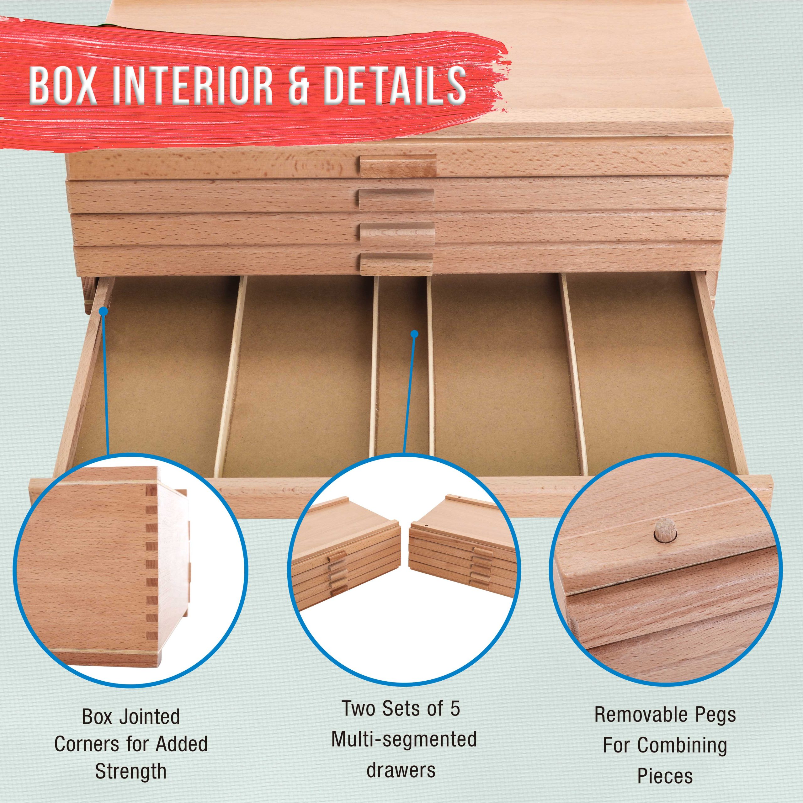 10-Drawer Artist Tool Supply Box with 5 Compartments per Drawer - Hardwood Art Box for Artist Supplies. Brushes. Pencils. Erasers. Tool Storage Organizer Case - Image 4