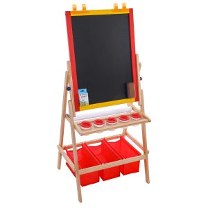 Flip-Over Children's Double-Sided Paint & Drawing Art Easel Board with Chalkboard. Dry Erase Board. Paper Roll. 3 Storage Bins. 5 No-Spill Cups. Chalk