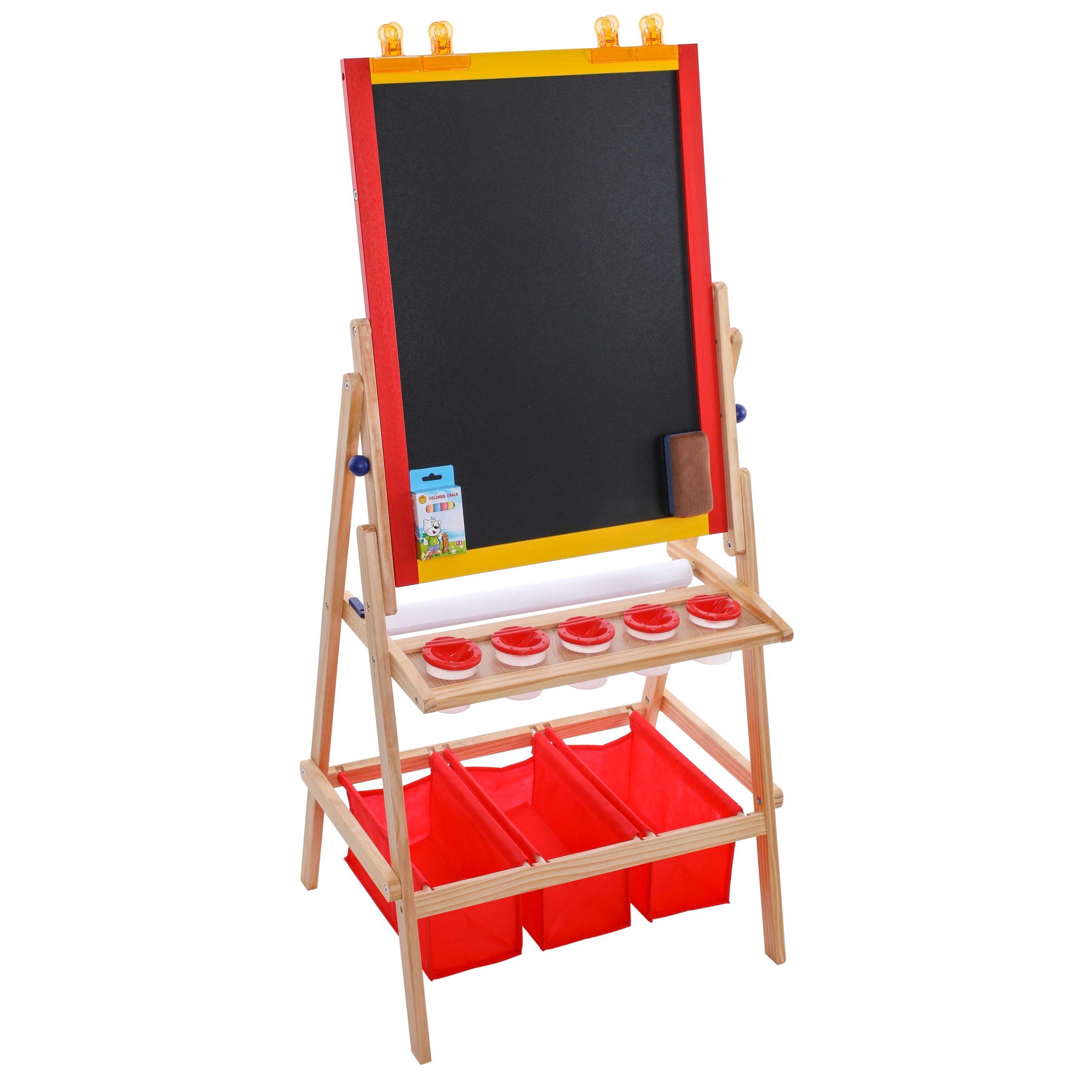 Flip-Over Children's Double-Sided Paint & Drawing Art Easel Board with Chalkboard. Dry Erase Board. Paper Roll. 3 Storage Bins. 5 No-Spill Cups. Chalk