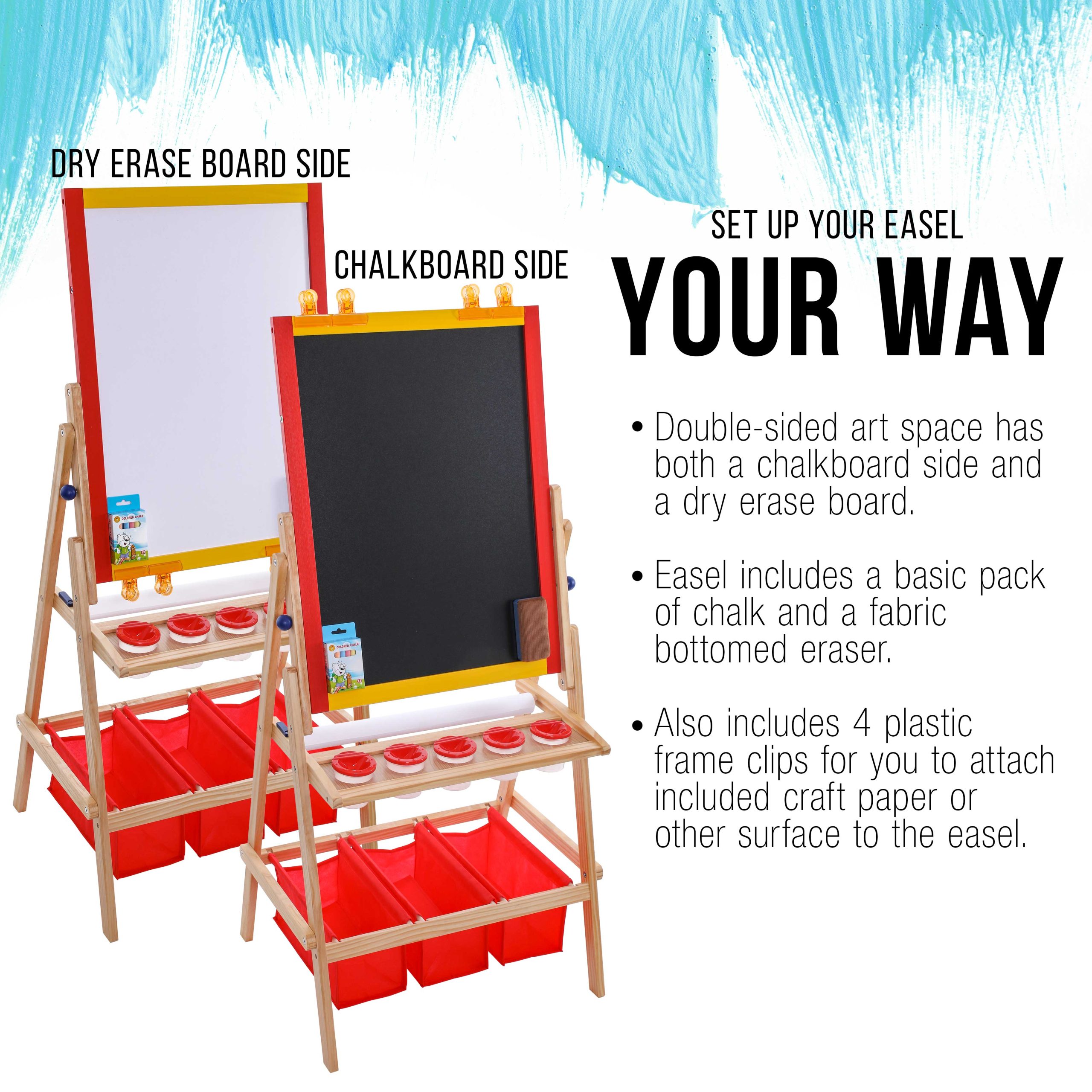 Flip-Over Children's Double-Sided Paint & Drawing Art Easel Board with Chalkboard. Dry Erase Board. Paper Roll. 3 Storage Bins. 5 No-Spill Cups. Chalk - Image 4