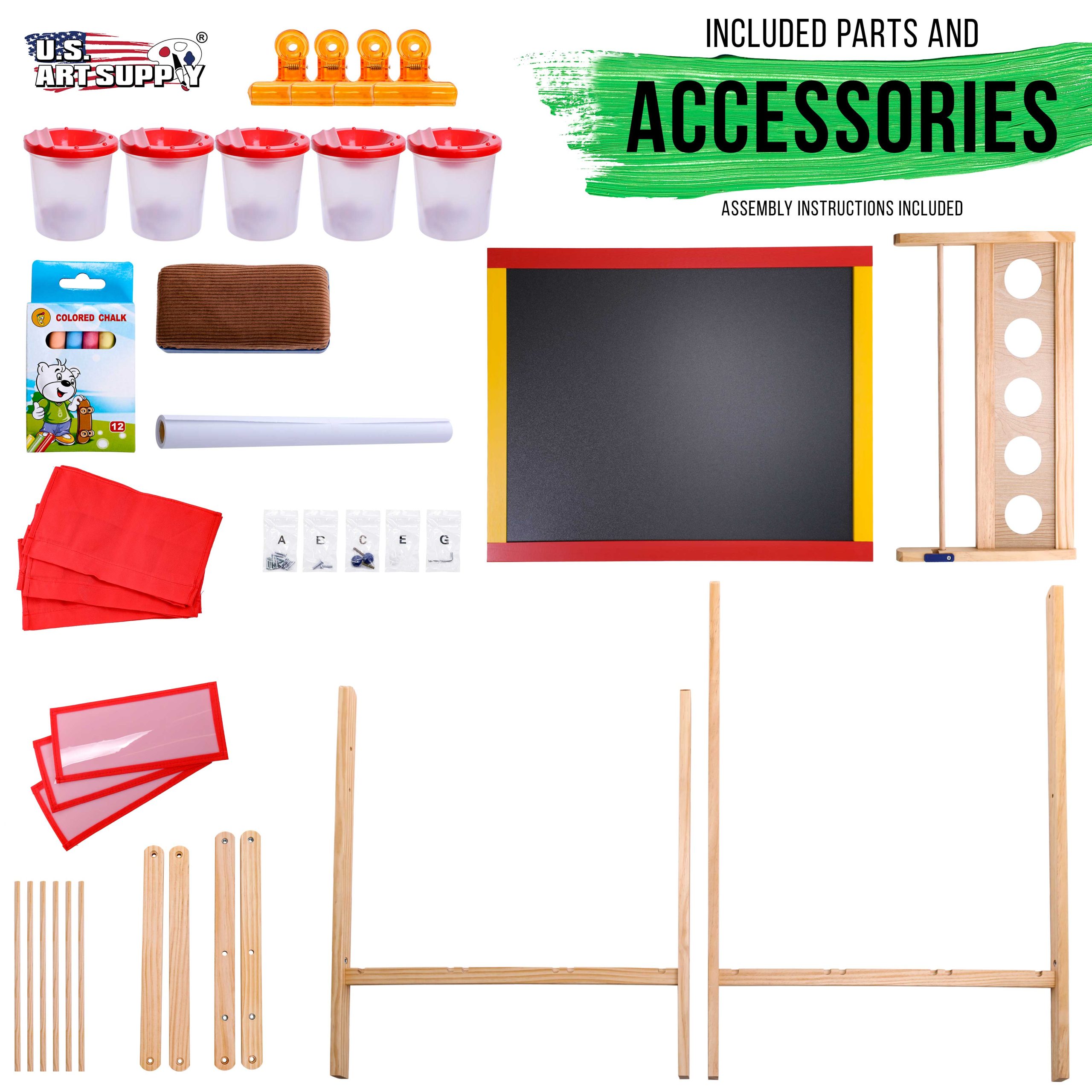 Flip-Over Children's Double-Sided Paint & Drawing Art Easel Board with Chalkboard. Dry Erase Board. Paper Roll. 3 Storage Bins. 5 No-Spill Cups. Chalk - Image 6
