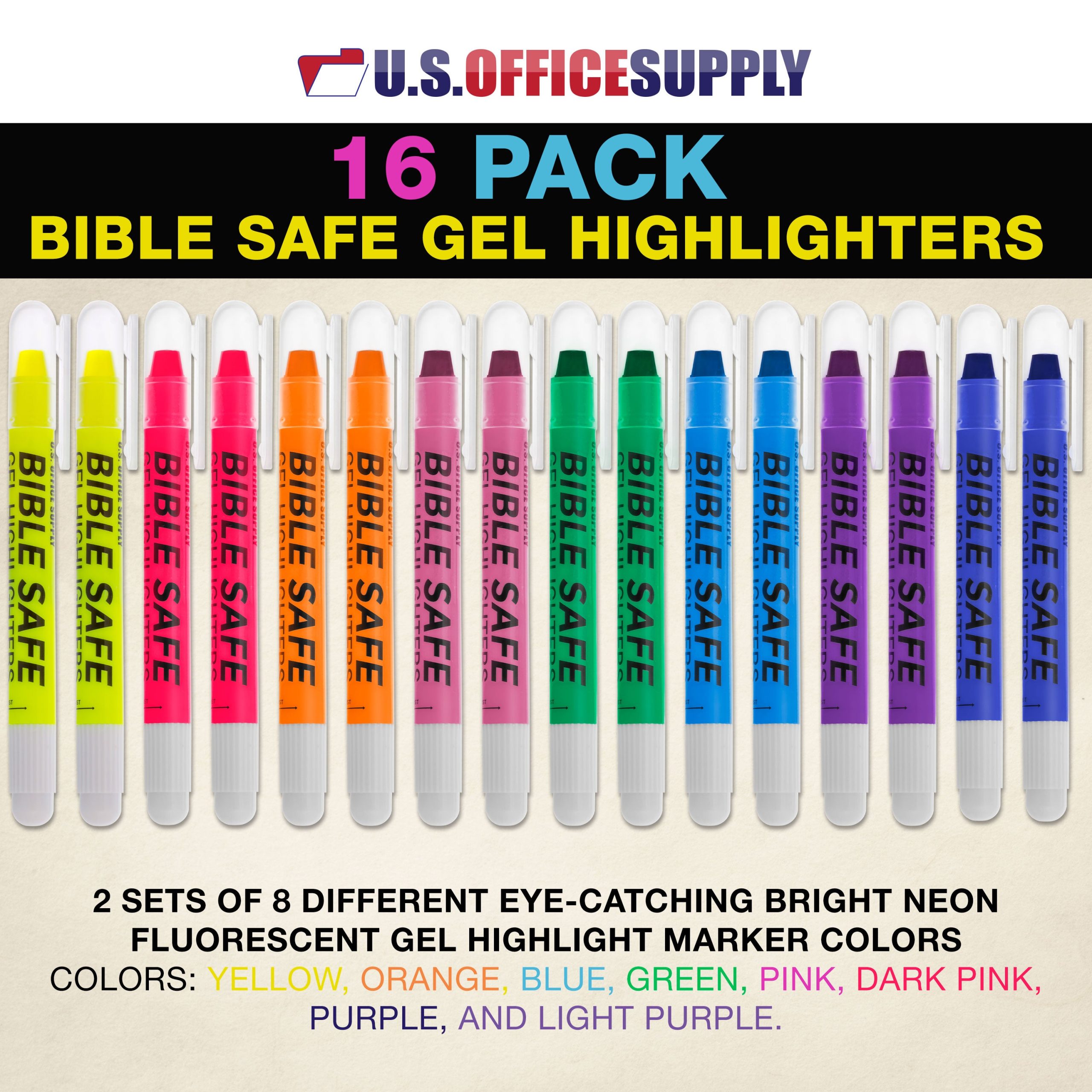 U.S. Office Supply Bible Safe Highlighter Set of 16. 2 Sets of 8 Bright Flouresent Colors. Dry Bible Highlighters No Bleed. Fade or Smear. Safe Gel Markers. Accessories. Study Guide - Image 2