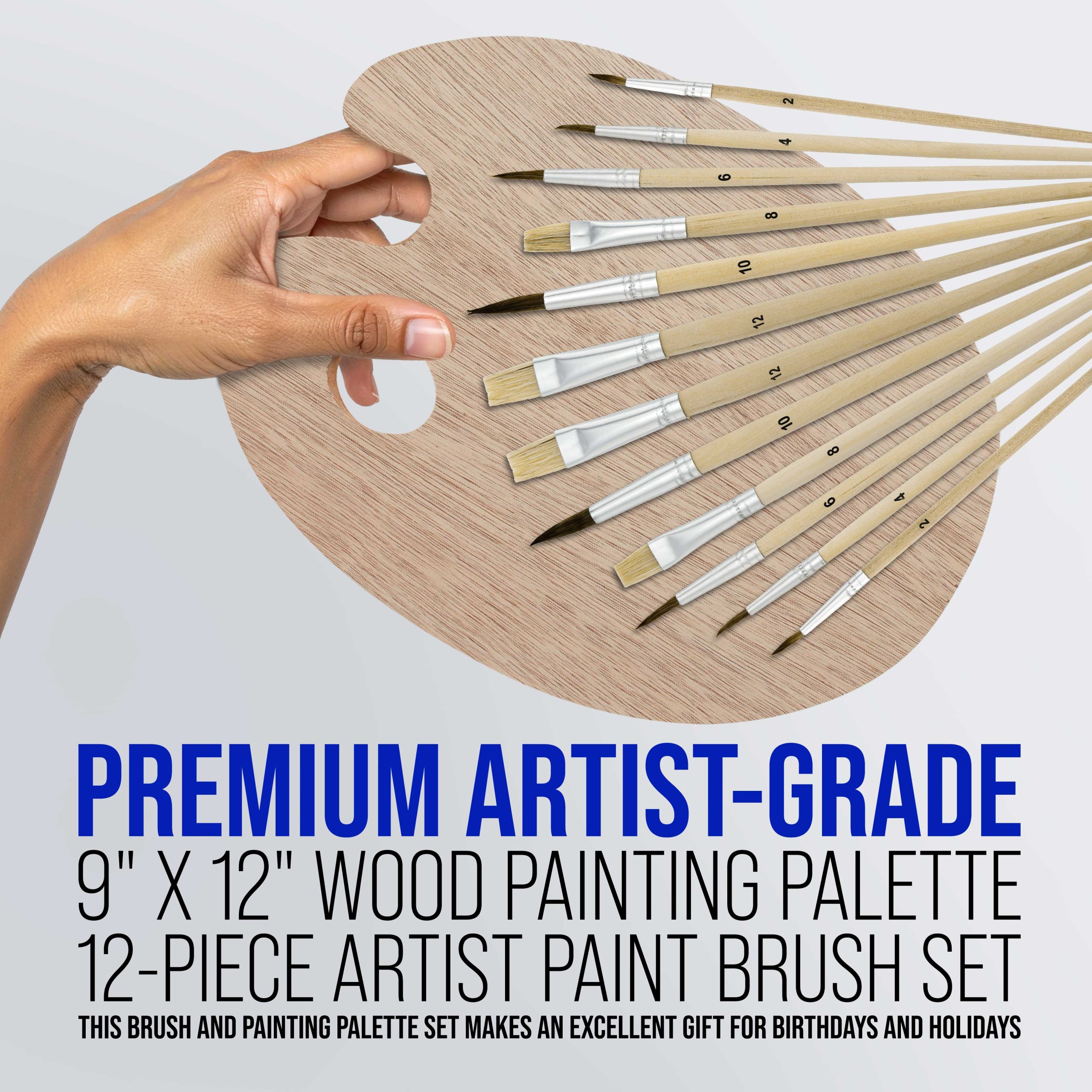 12-Piece Artist Paint Brush Set with 9 x 12 Wood Painting Palette - 12 Premium Round & Flat Bristle Paintbrushes - Fun Kids. Adults - Image 3