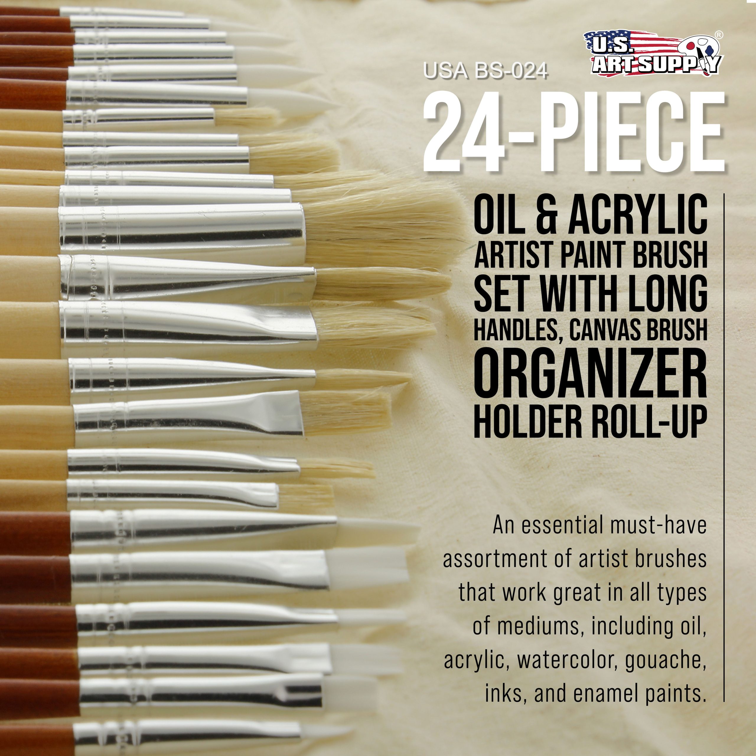 24 Piece Oil & Acrylic Paint Long Handle Artist Paint Brush Set with Canvas Carrying Case - Image 2