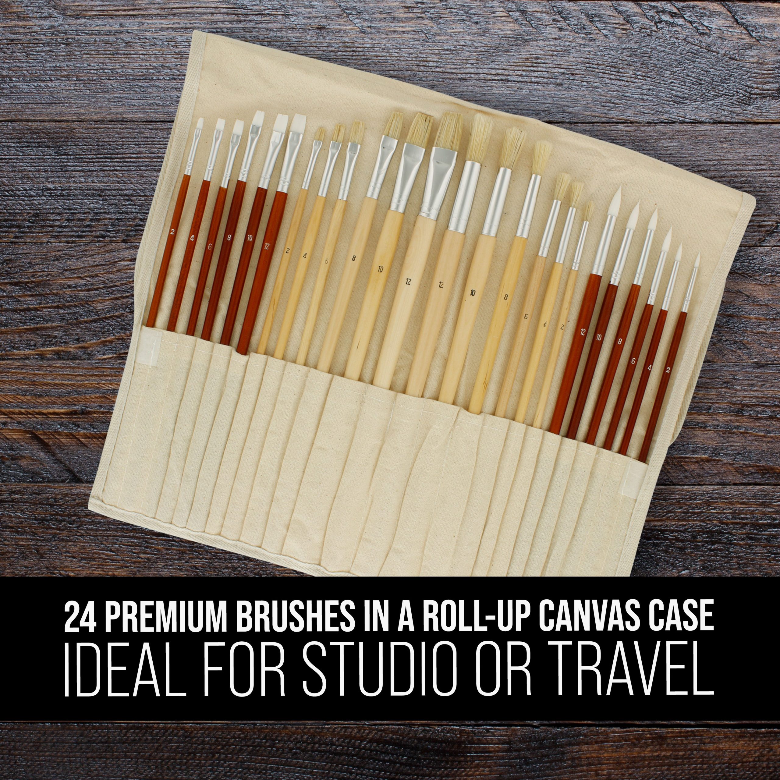 24 Piece Oil & Acrylic Paint Long Handle Artist Paint Brush Set with Canvas Carrying Case - Image 3