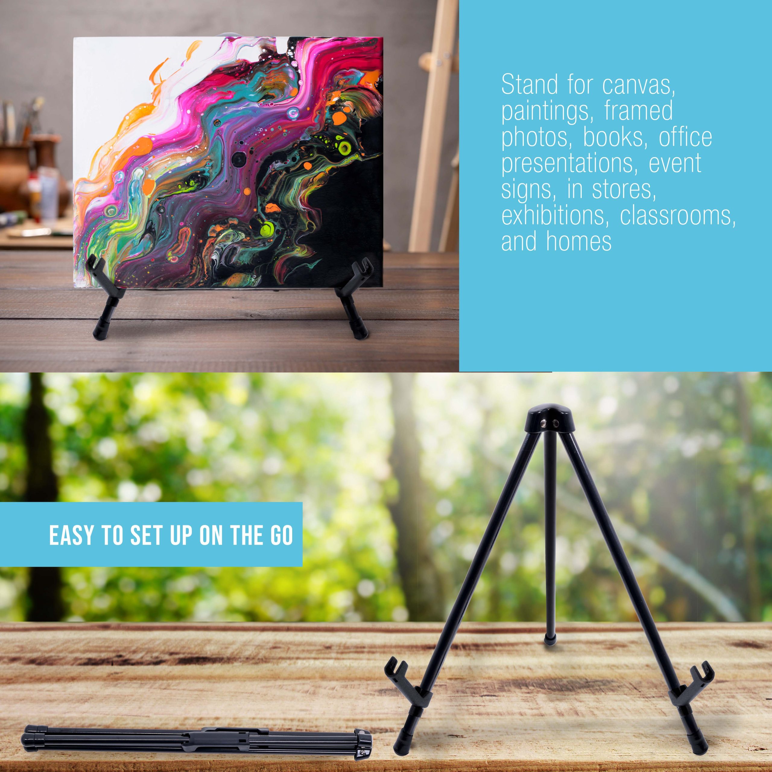 13.5 Black Metal Tabletop Easel Stand - Foldable Tripod Table Top Easel Stand for Sign. Art. Poster Board. Canvas & Photos - Display Table Easels with Non-Skid Feet - Image 5