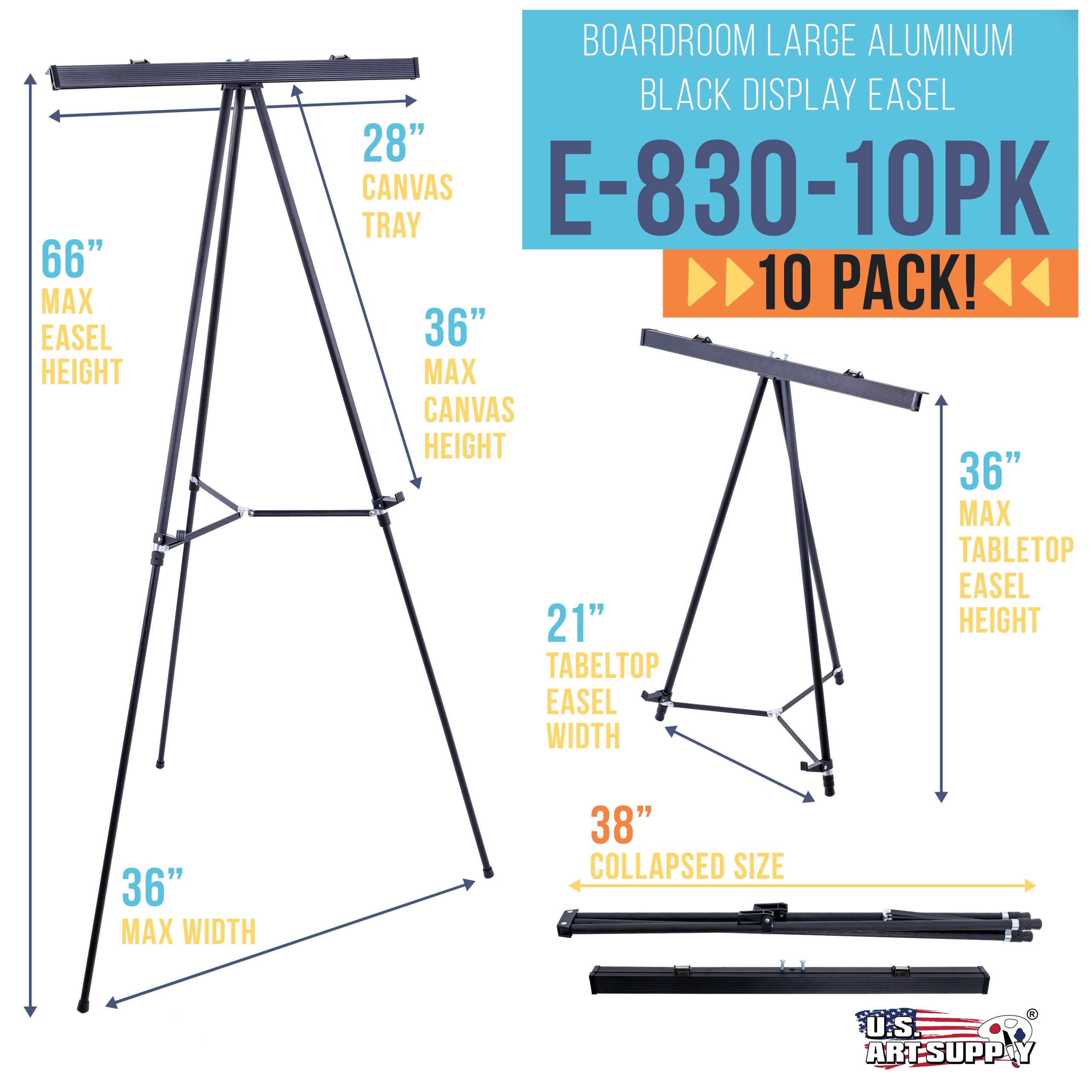 66 High Boardroom Black Aluminum Flip Chart Easel & Presentation Stand (10 Pack) - Adjustable Floor/Tabletop. Portable Tripod. Holds 25 lbs.. for Chart Paper. Poster Boards. & Pads - Image 2