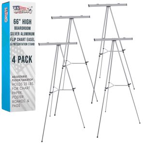 66 High Classroom Silver Aluminum Flip Chart Easel & Presentation Stand (4 Pack) - Adjustable Floor/Tabletop. Portable Tripod. Holds 25 lbs.. for Chart Paper. Poster Boards. & Pads