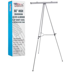 66 High Classroom Silver Aluminum Flip Chart Easel & Presentation Stand - Adjustable Floor/Tabletop. Portable Tripod. Holds 25 lbs.. for Chart Paper. Poster Boards. & Pads