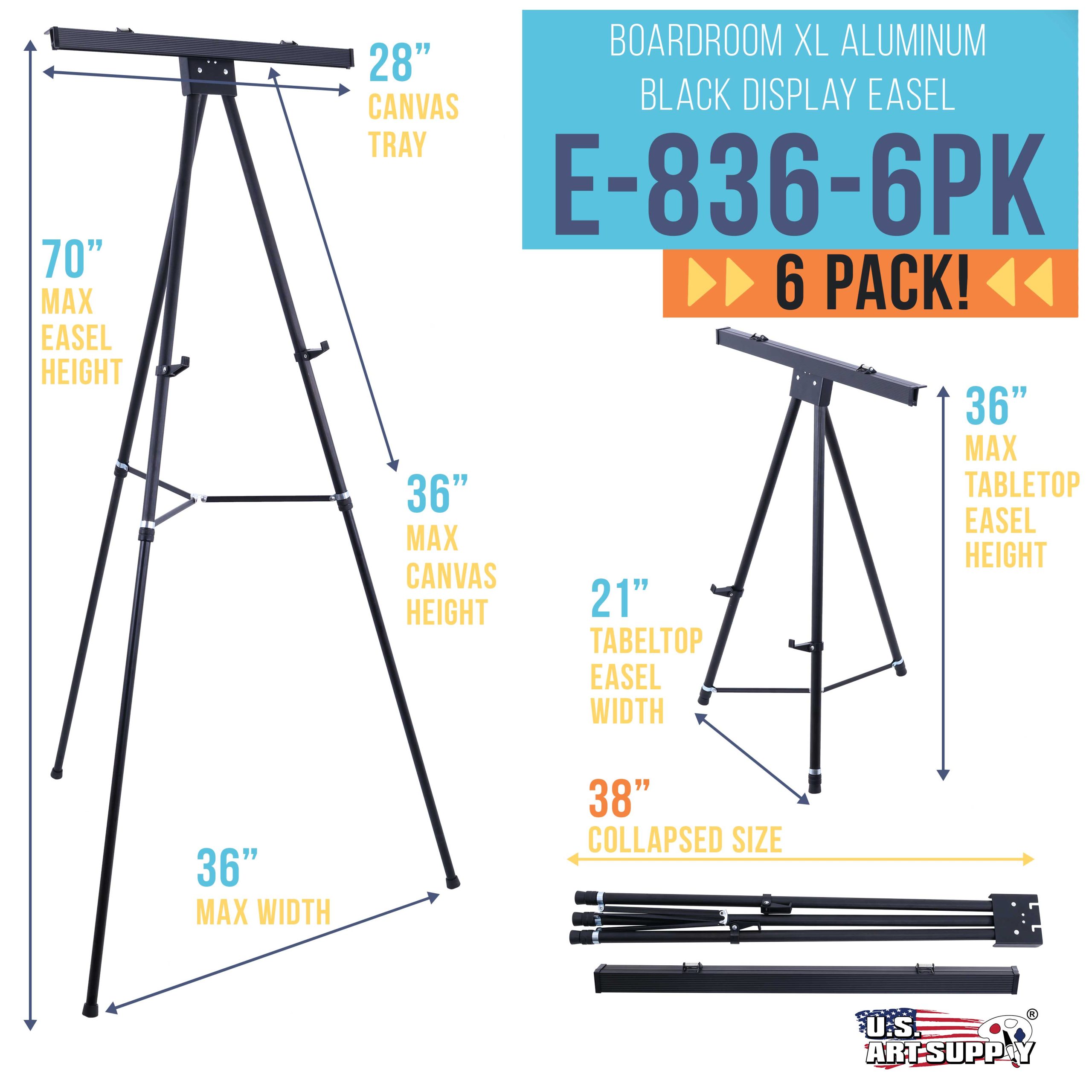 70 High Boardroom XL Black Aluminum Flip Chart Easel & Presentation Stand (6 Pack) - Adjustable Floor/Tabletop. Portable Tripod. Holds 45 lbs. for Chart Paper. Poster Boards. & Pads - Image 2