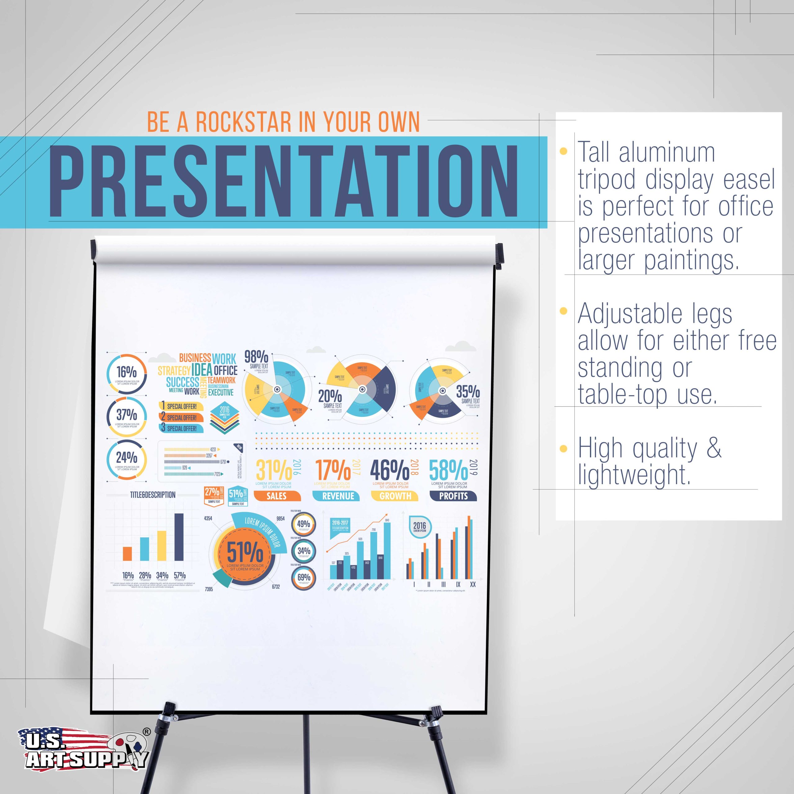 70 High Boardroom XL Black Aluminum Flip Chart Easel & Presentation Stand (6 Pack) - Adjustable Floor/Tabletop. Portable Tripod. Holds 45 lbs. for Chart Paper. Poster Boards. & Pads - Image 4