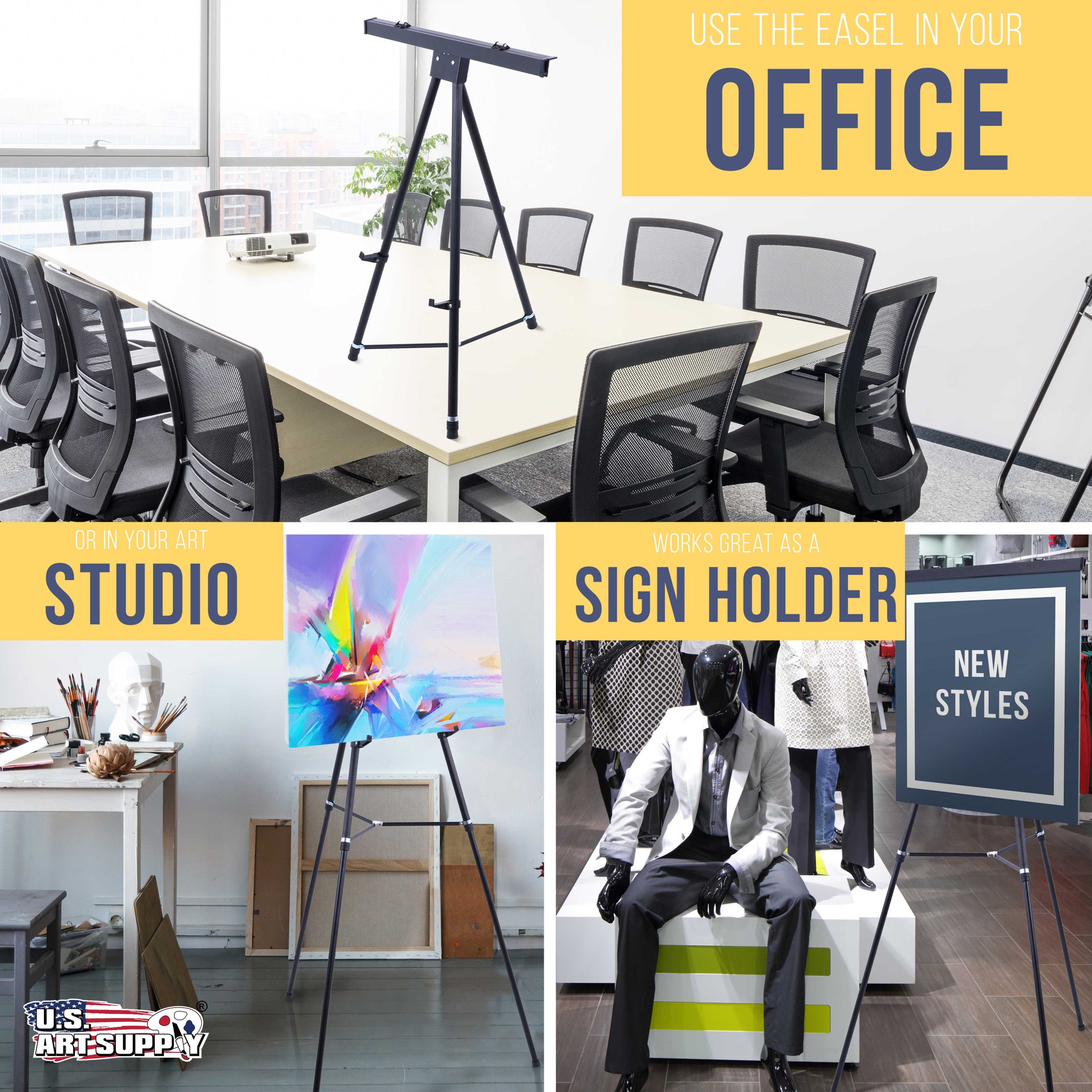 70 High Boardroom XL Black Aluminum Flip Chart Easel & Presentation Stand (6 Pack) - Adjustable Floor/Tabletop. Portable Tripod. Holds 45 lbs. for Chart Paper. Poster Boards. & Pads - Image 5