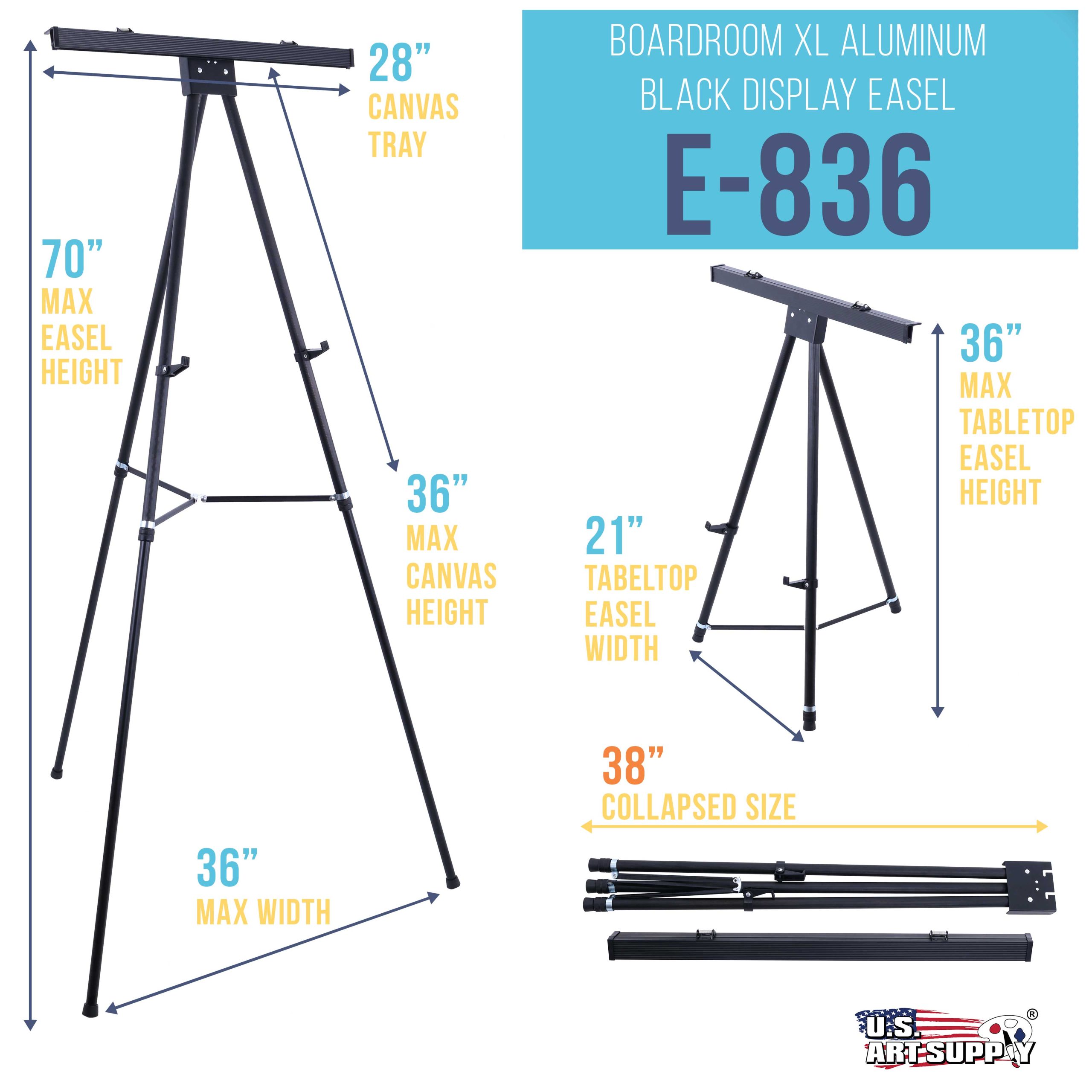 70 High Boardroom XL Black Aluminum Flip Chart Easel & Presentation Stand - Adjustable Floor/Tabletop. Portable Tripod. Holds 45 lbs. for Chart Paper. Poster Boards. & Pads - Image 2