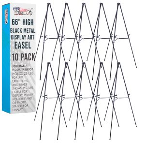 66 High Black Metal Display Easel (10 Pack) - Large Adjustable Height Portable Easel Stand. Sign Display. Holds 25 lbs - Floor & Tabletop Easels. Painting Stand