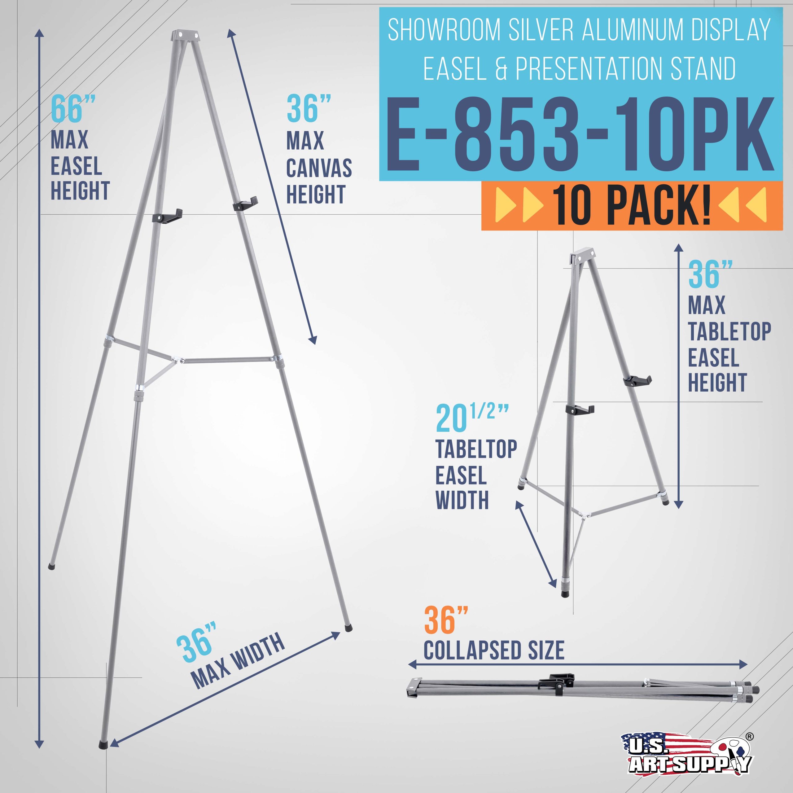 66 High Gallery Silver Metal Display Easel (10 Pack) - Large Adjustable Height Portable Easel Stand. Sign Display. Holds 25 lbs - Floor & Tabletop Easels. Painting Stand - Image 2