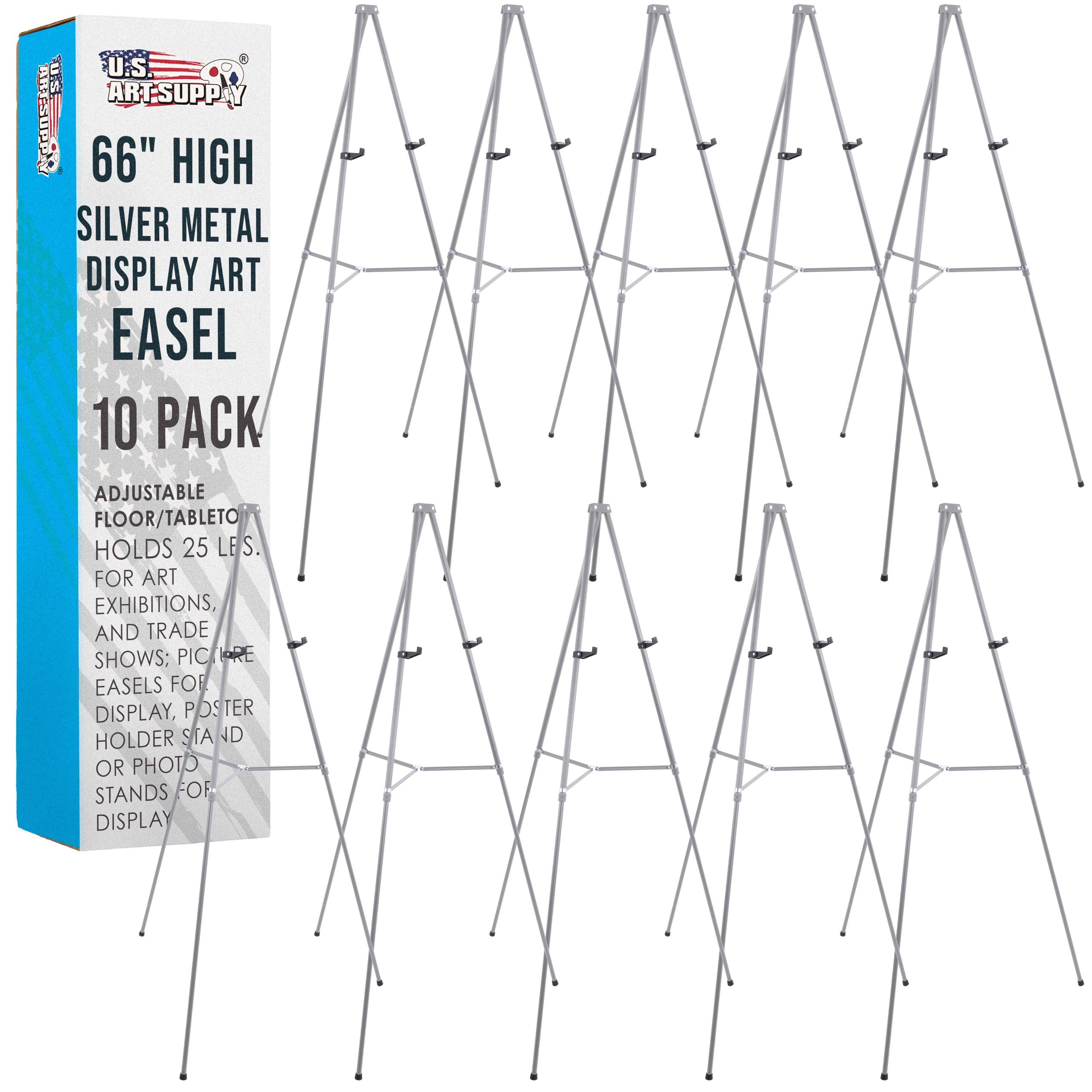 66 High Gallery Silver Metal Display Easel (10 Pack) - Large Adjustable Height Portable Easel Stand. Sign Display. Holds 25 lbs - Floor & Tabletop Easels. Painting Stand