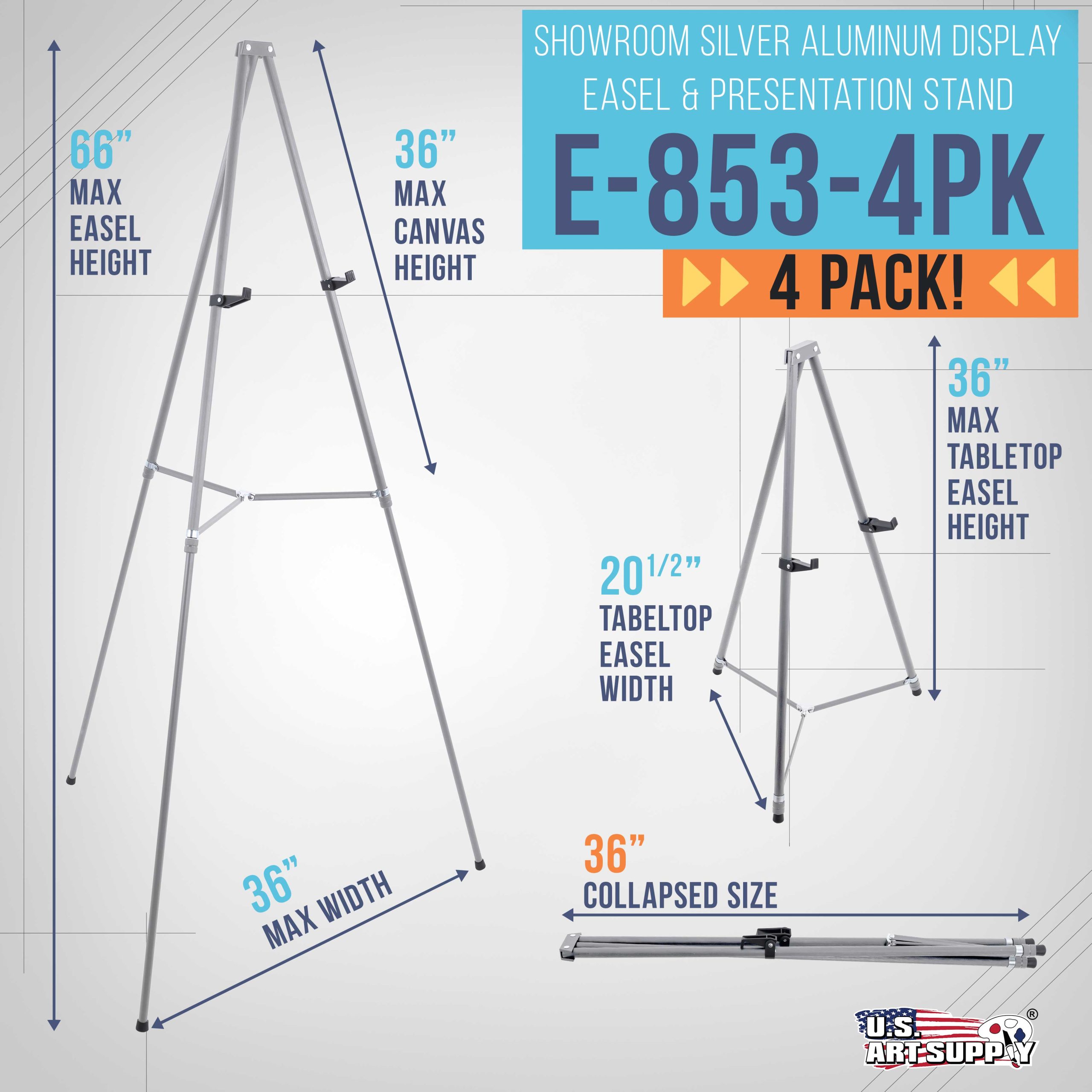 66 High Gallery Silver Metal Display Easel (4 Pack) - Large Adjustable Height Portable Easel Stand. Sign Display. Holds 25 lbs - Floor & Tabletop Easels. Painting Stand - Image 2
