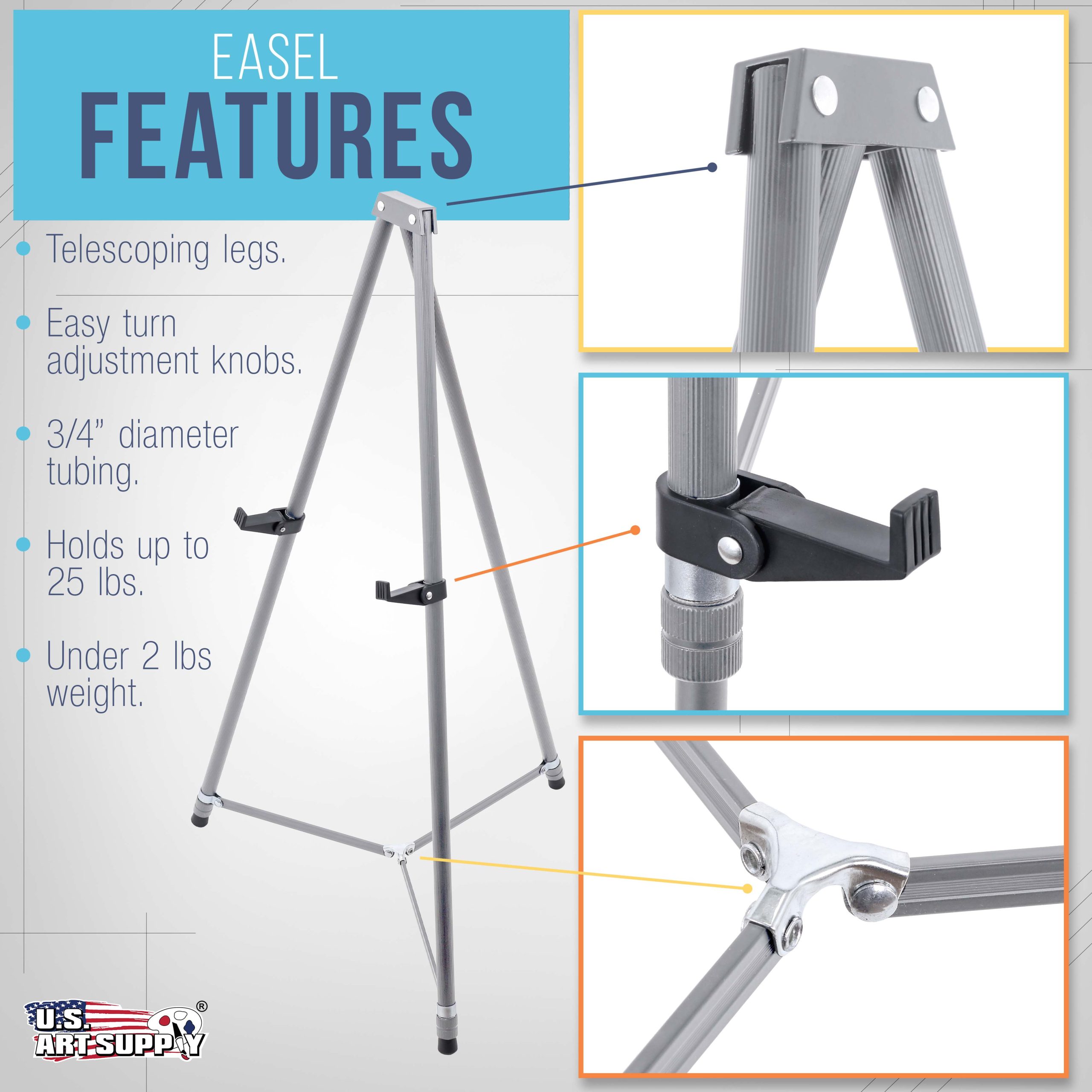 66 High Gallery Silver Metal Display Easel (4 Pack) - Large Adjustable Height Portable Easel Stand. Sign Display. Holds 25 lbs - Floor & Tabletop Easels. Painting Stand - Image 3