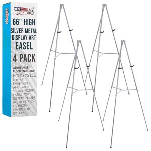 66 High Gallery Silver Metal Display Easel (4 Pack) - Large Adjustable Height Portable Easel Stand. Sign Display. Holds 25 lbs - Floor & Tabletop Easels. Painting Stand