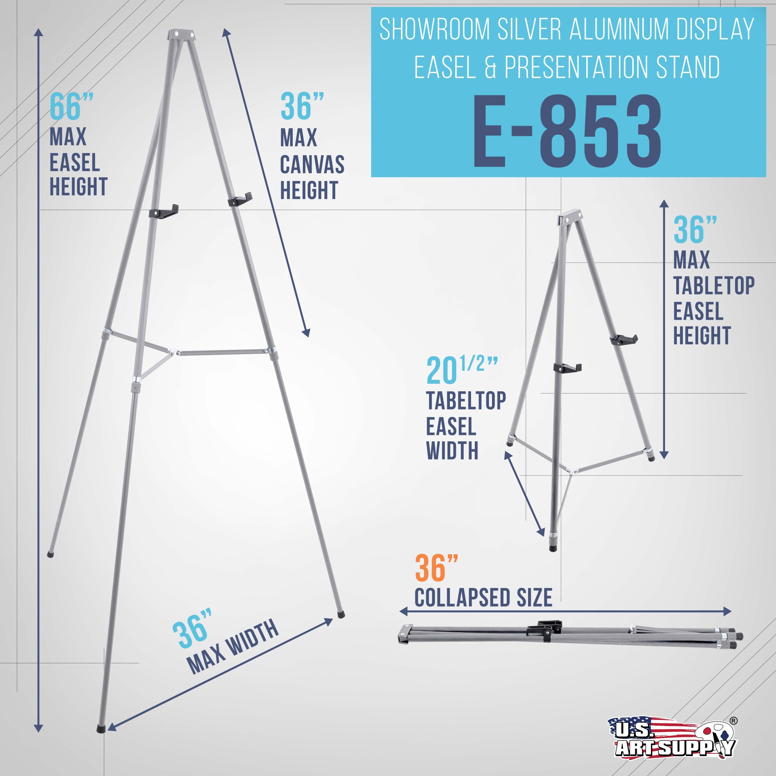 66 High Gallery Silver Metal Display Easel - Large Adjustable Height Portable Easel Stand. Sign Display. Holds 25 lbs - Floor & Tabletop Easels. Painting Stand - Image 2
