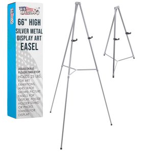 66 High Gallery Silver Metal Display Easel - Large Adjustable Height Portable Easel Stand. Sign Display. Holds 25 lbs - Floor & Tabletop Easels. Painting Stand
