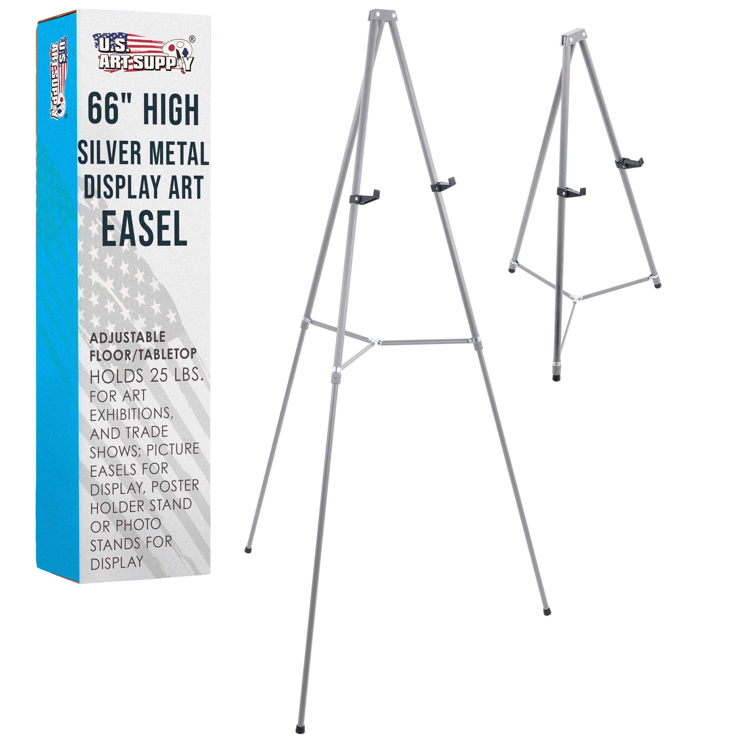 66 High Gallery Silver Metal Display Easel - Large Adjustable Height Portable Easel Stand. Sign Display. Holds 25 lbs - Floor & Tabletop Easels. Painting Stand