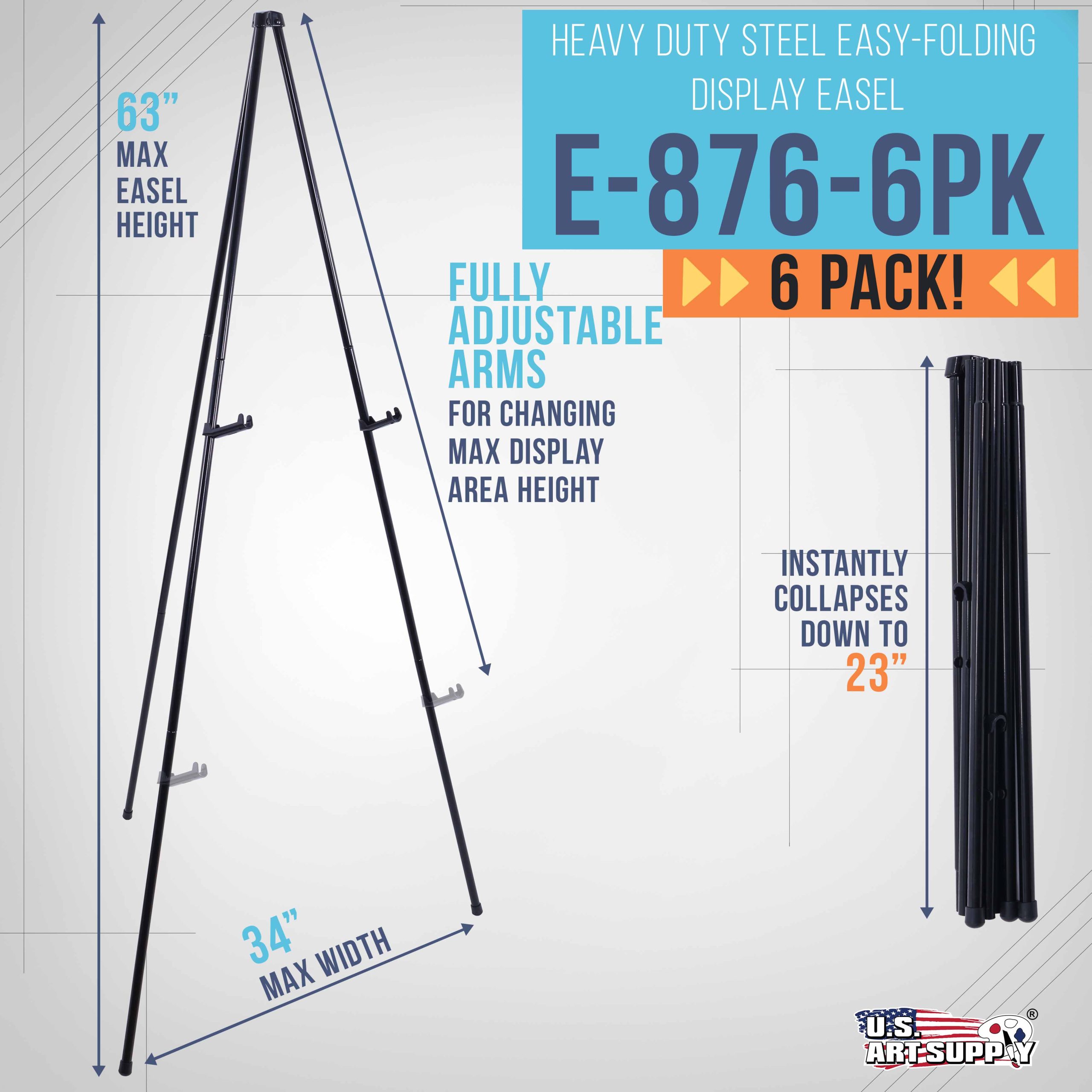 63 High Heavy Duty Metal Folding Display Easel (6 Pack) - Adjustable Height. Holds 10 lbs - Portable Art Easel Stand - For Sign. Poster. Canvas. Painting. Picture Display - Image 2