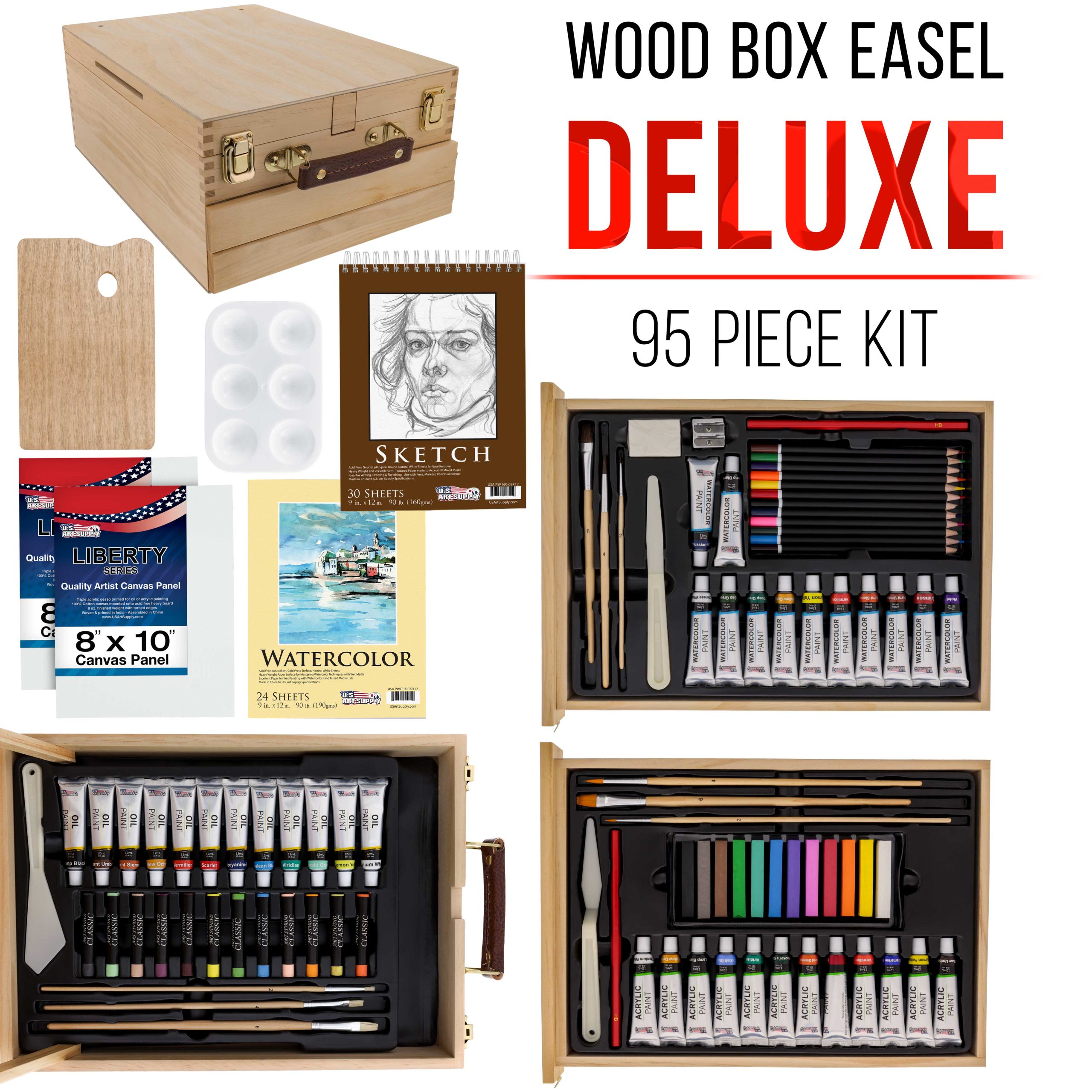 95 Piece Wood Box Easel Painting Set - Oil. Acrylic. Watercolor Paint Colors & Paint Brushes. Oil Artist Pastels. Pencils. Watercolor & Sketch Pads - Image 2