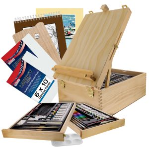 95 Piece Wood Box Easel Painting Set - Oil. Acrylic. Watercolor Paint Colors & Paint Brushes. Oil Artist Pastels. Pencils. Watercolor & Sketch Pads