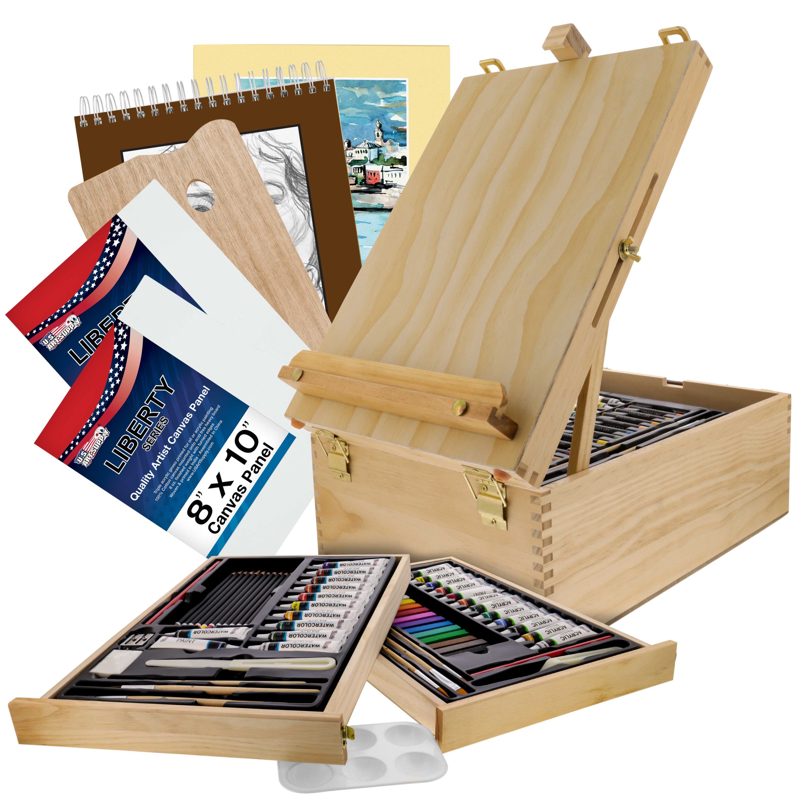 95 Piece Wood Box Easel Painting Set - Oil. Acrylic. Watercolor Paint Colors & Paint Brushes. Oil Artist Pastels. Pencils. Watercolor & Sketch Pads
