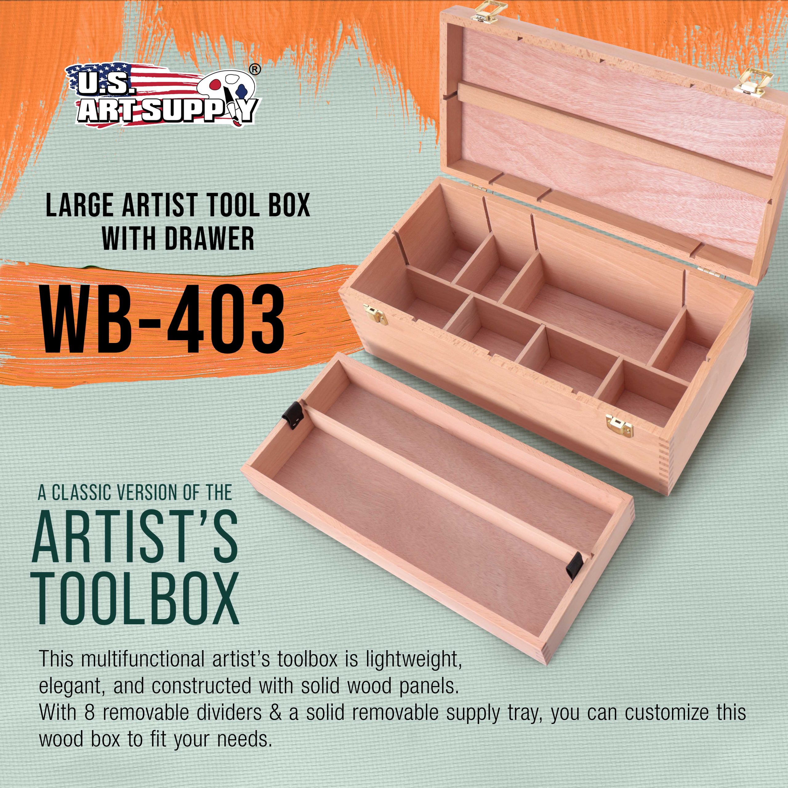 Multi-Function Artist Supply Box with Locking Clasps & Removable Tray - Wooden Art Box for Artist Supplies. Brushes. Pencils. Erasers. Tool Storage Organizer Case - Image 2
