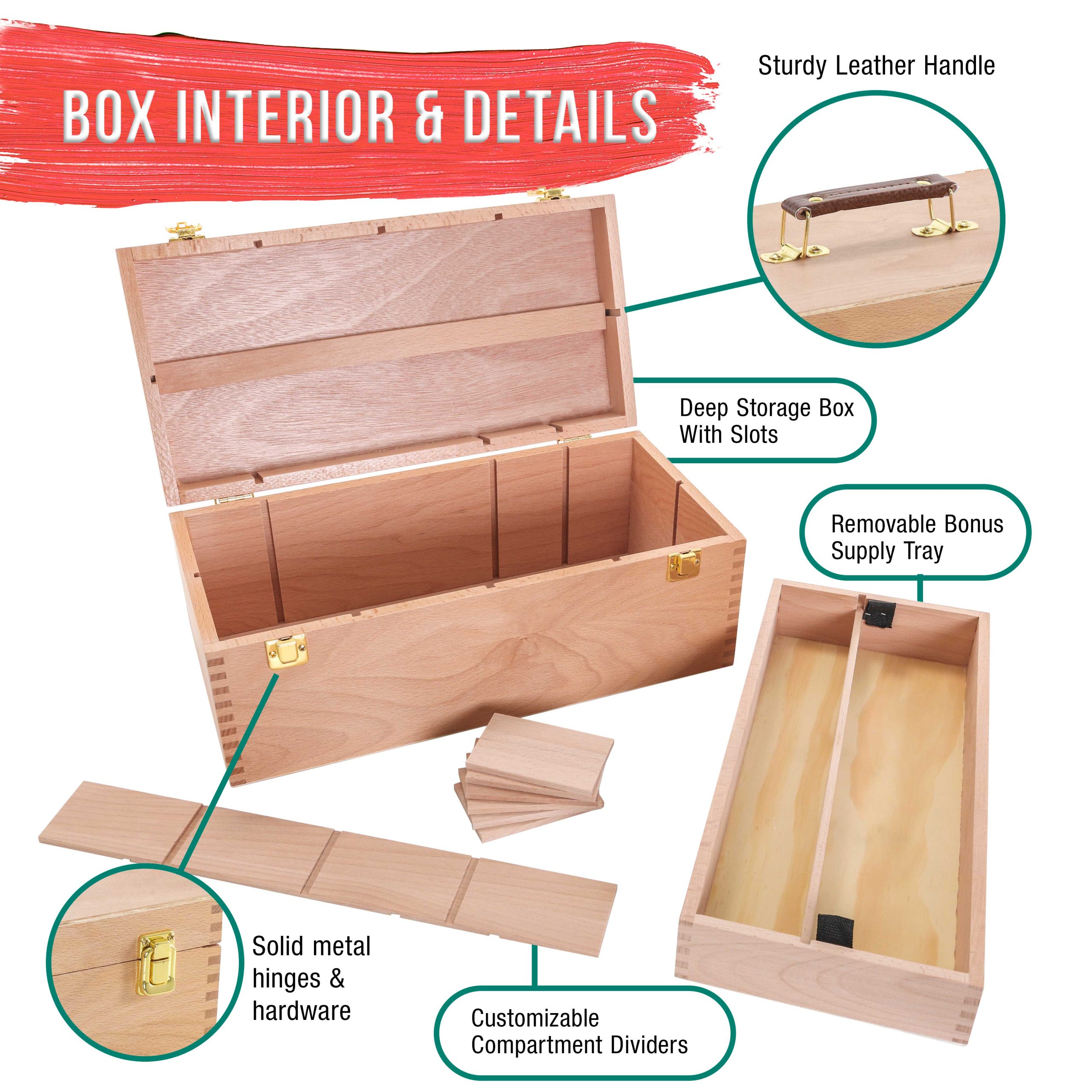 Multi-Function Artist Supply Box with Locking Clasps & Removable Tray - Wooden Art Box for Artist Supplies. Brushes. Pencils. Erasers. Tool Storage Organizer Case - Image 4