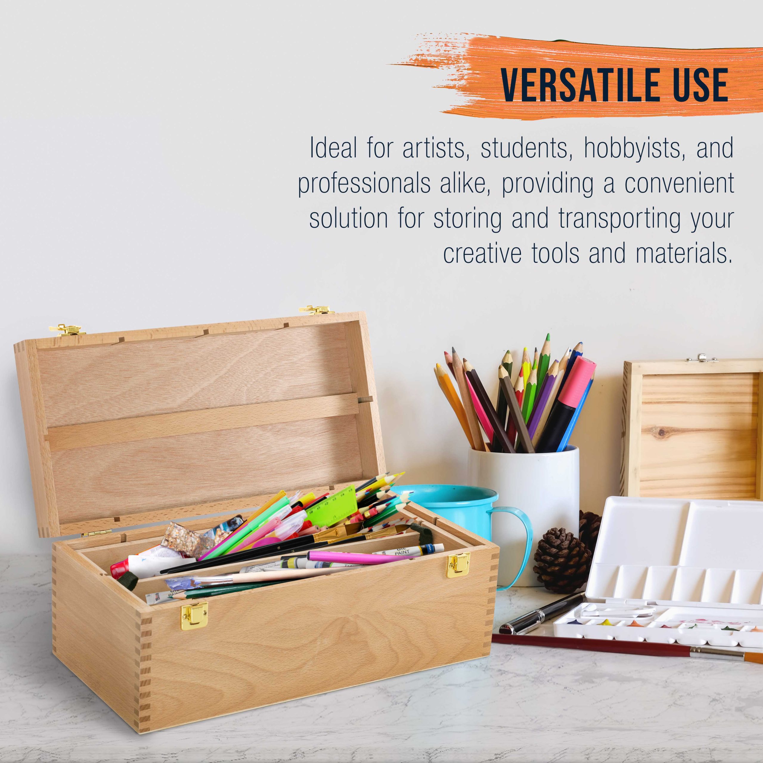 Multi-Function Artist Supply Box with Locking Clasps & Removable Tray - Wooden Art Box for Artist Supplies. Brushes. Pencils. Erasers. Tool Storage Organizer Case - Image 5