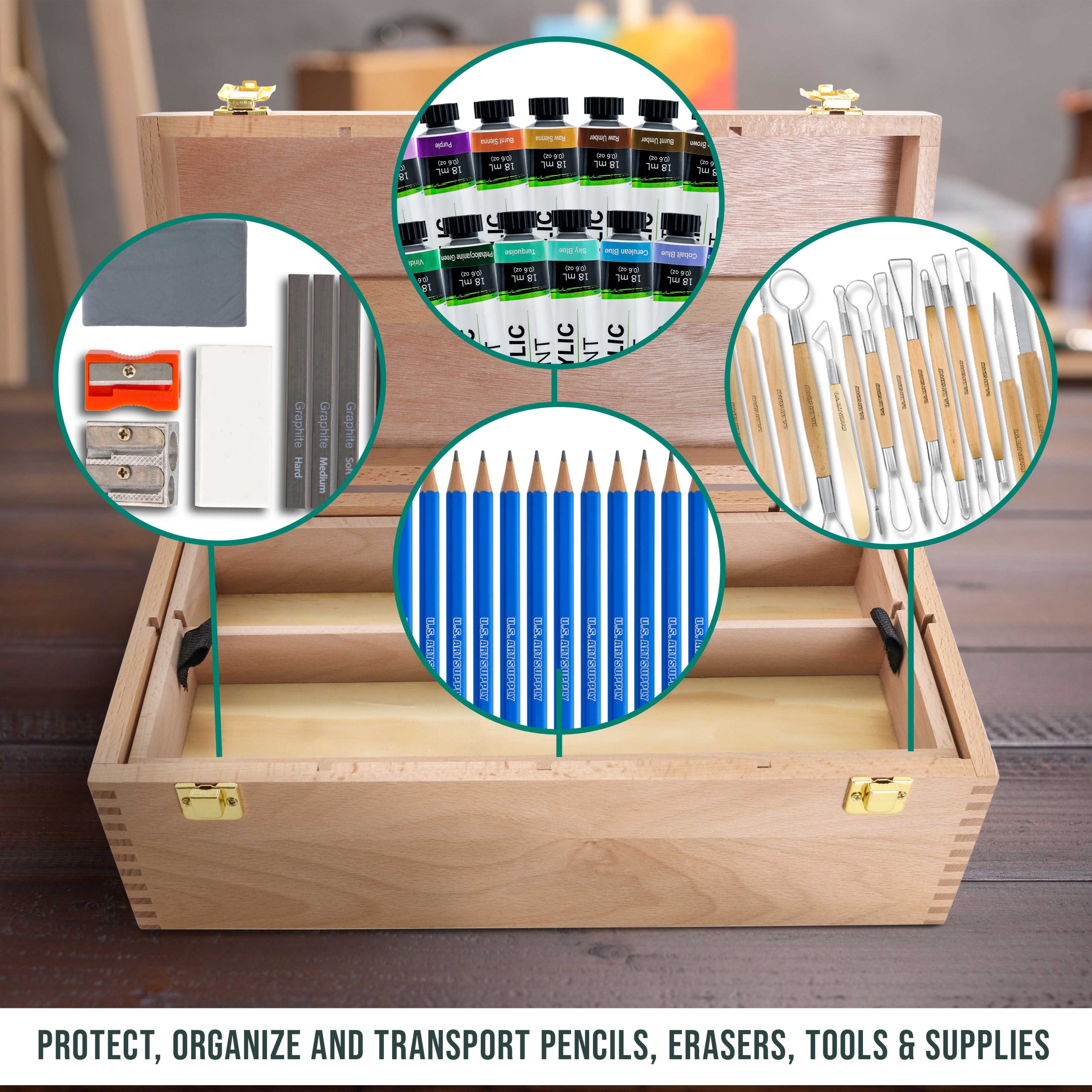 Multi-Function Artist Supply Box with Locking Clasps & Removable Tray - Wooden Art Box for Artist Supplies. Brushes. Pencils. Erasers. Tool Storage Organizer Case - Image 6