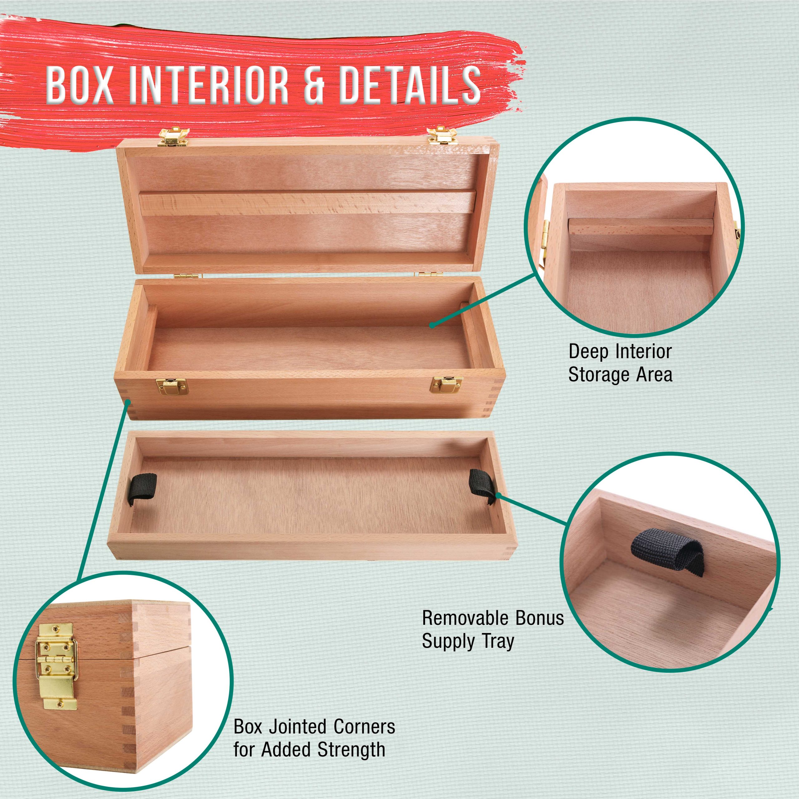 Multi-Function Artist Tool Supply Box with Locking Clasps & Removable Tray - Wooden Art Box for Artist Supplies. Brushes. Pencils. Erasers. Tool Storage Organizer Case - Image 4